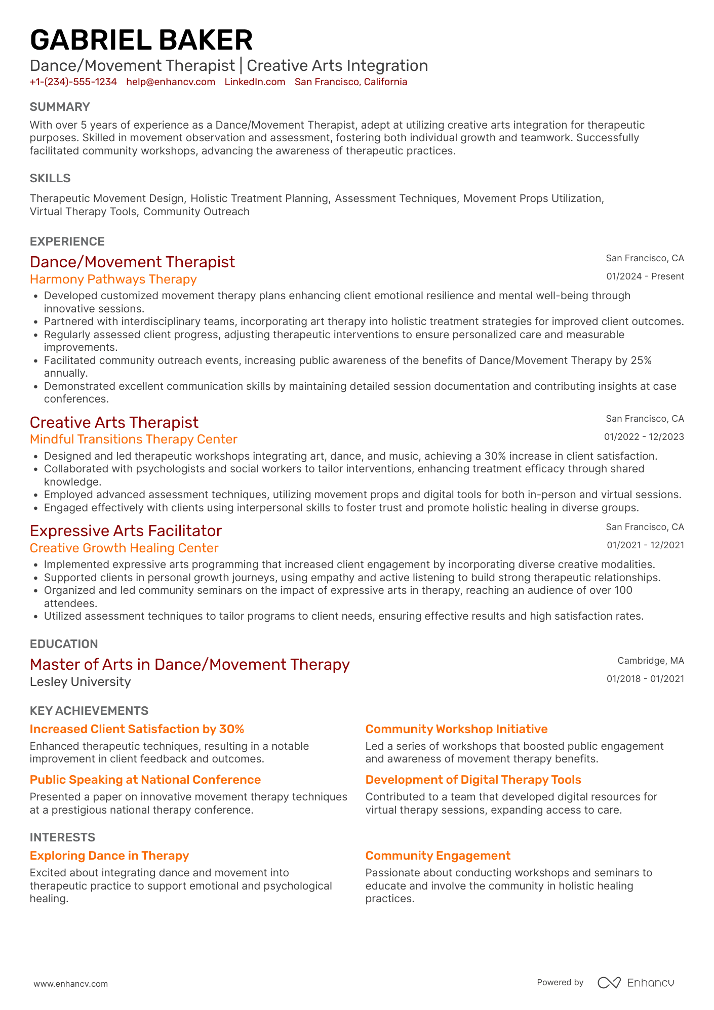 Dance/Movement Therapist Resume Example