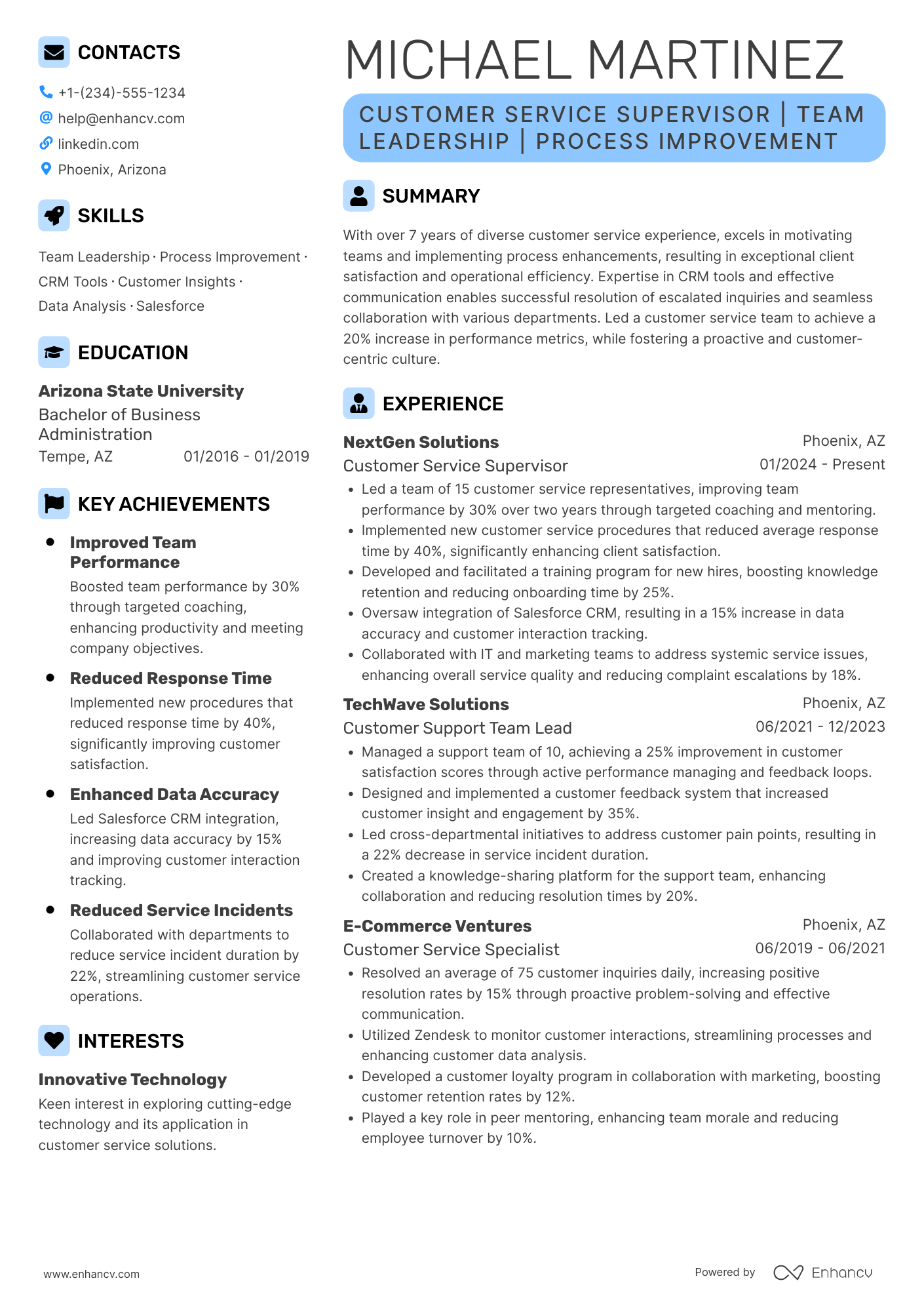 Customer Service Supervisor Resume Example