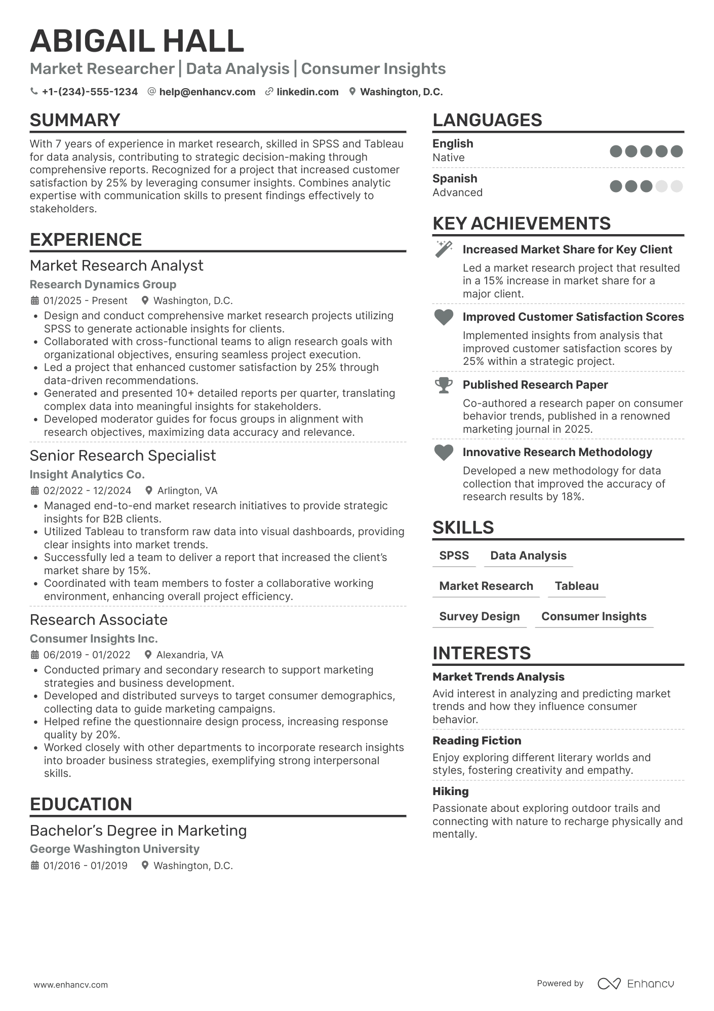 Market Researcher Resume Example
