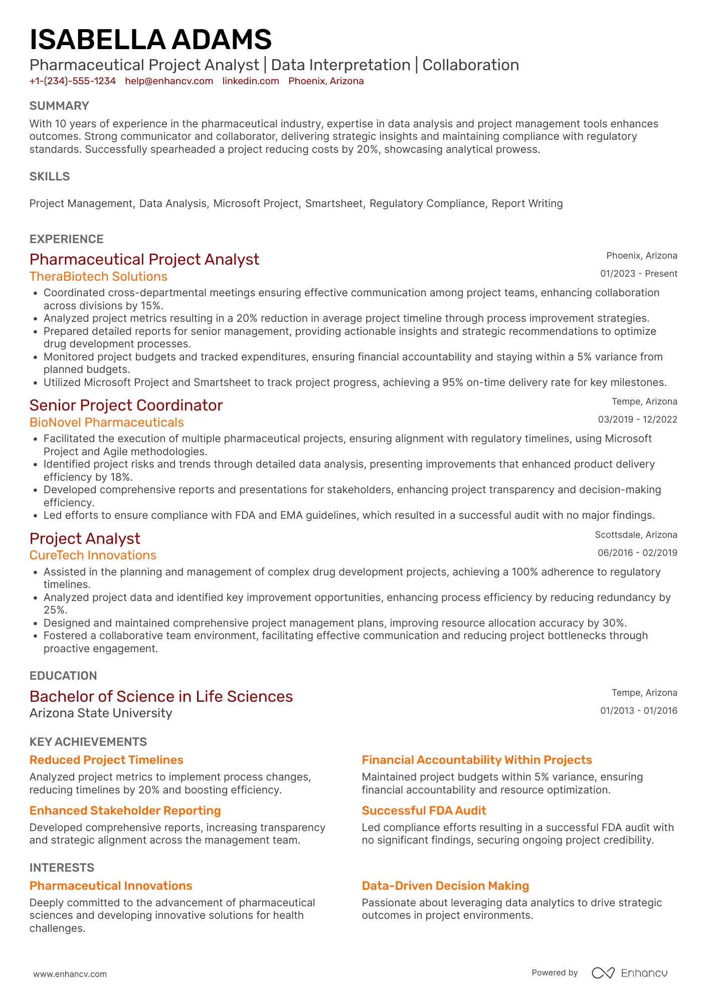 Pharmaceutical Project Analyst Resume Example