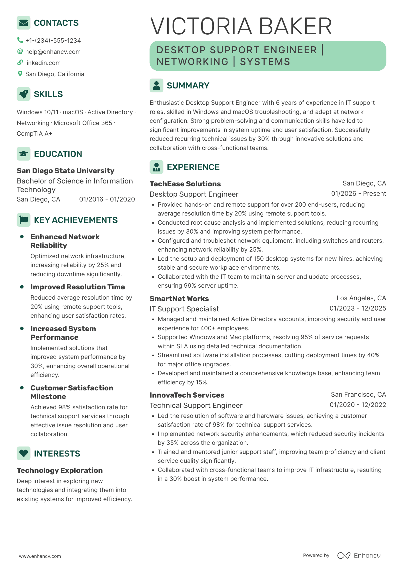 Desktop Support Engineer Resume Example