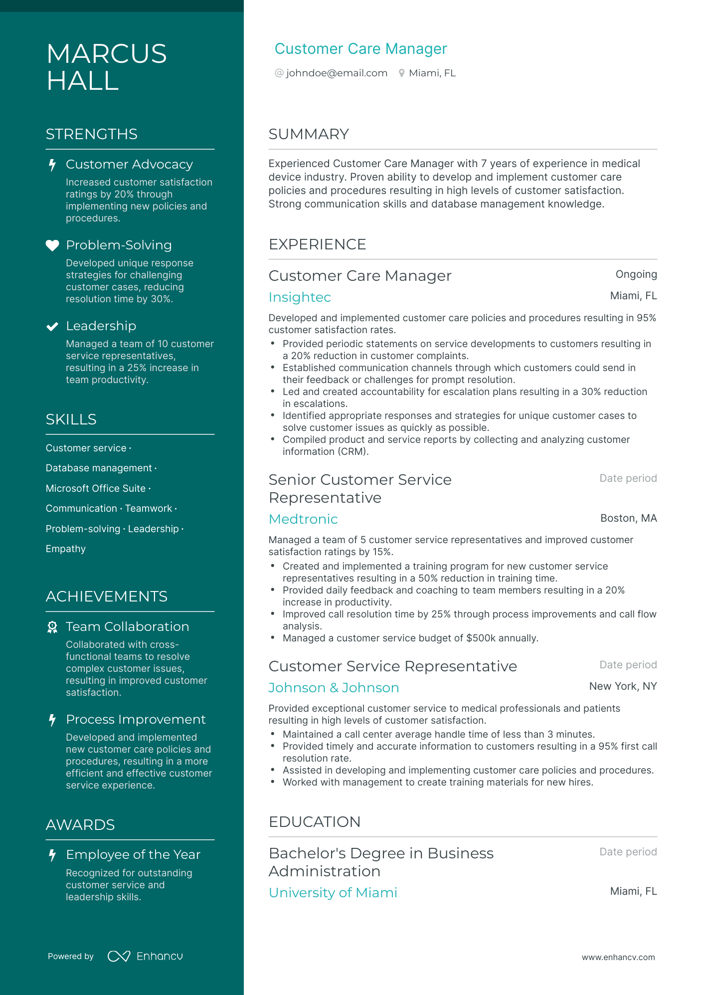 Customer Care Manager Resume Example