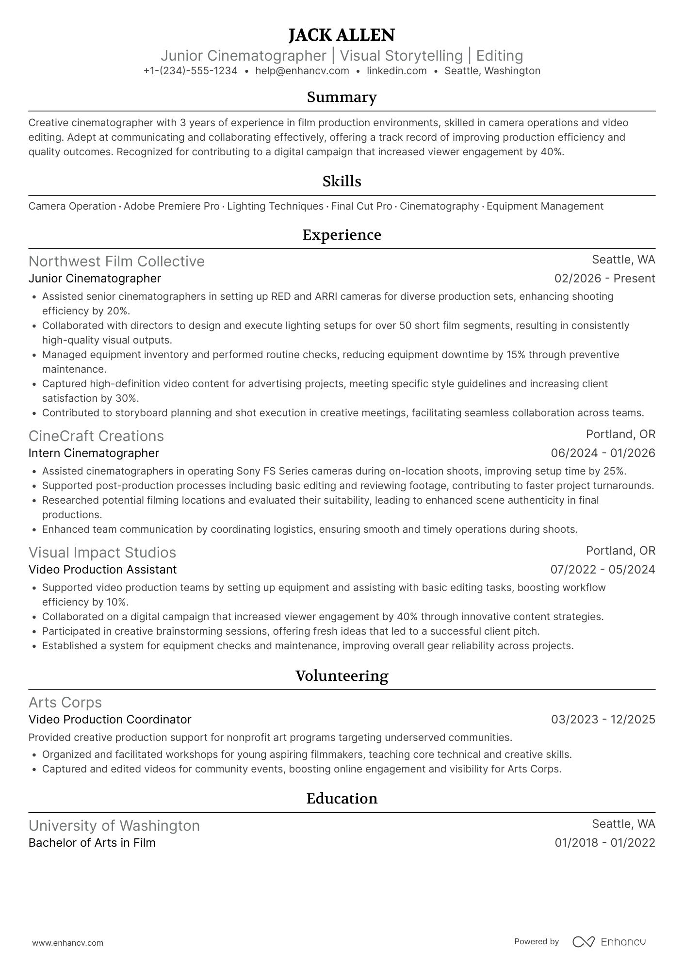 Junior Cinematographer Resume Example
