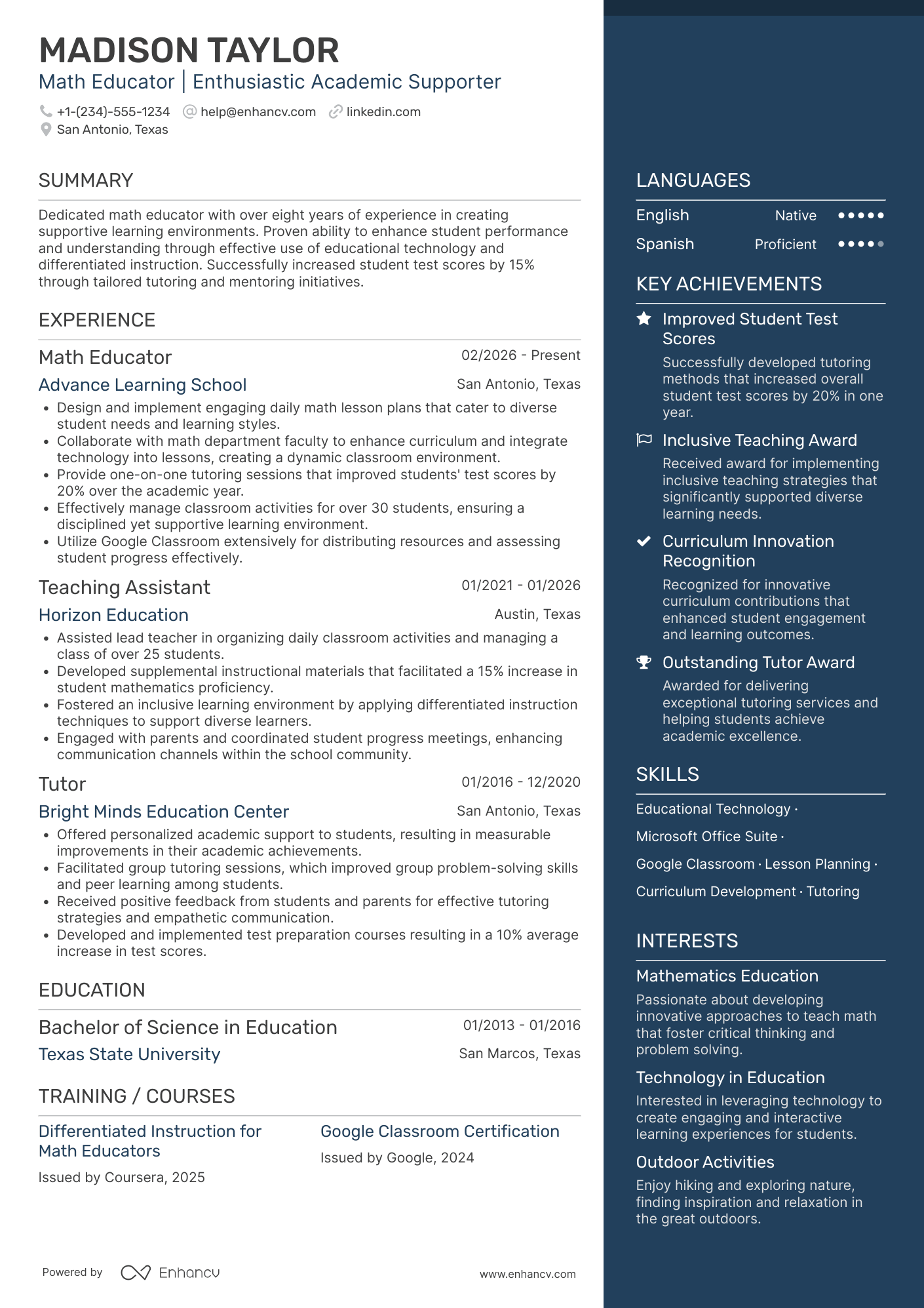 Math Teacher Aide Resume Example