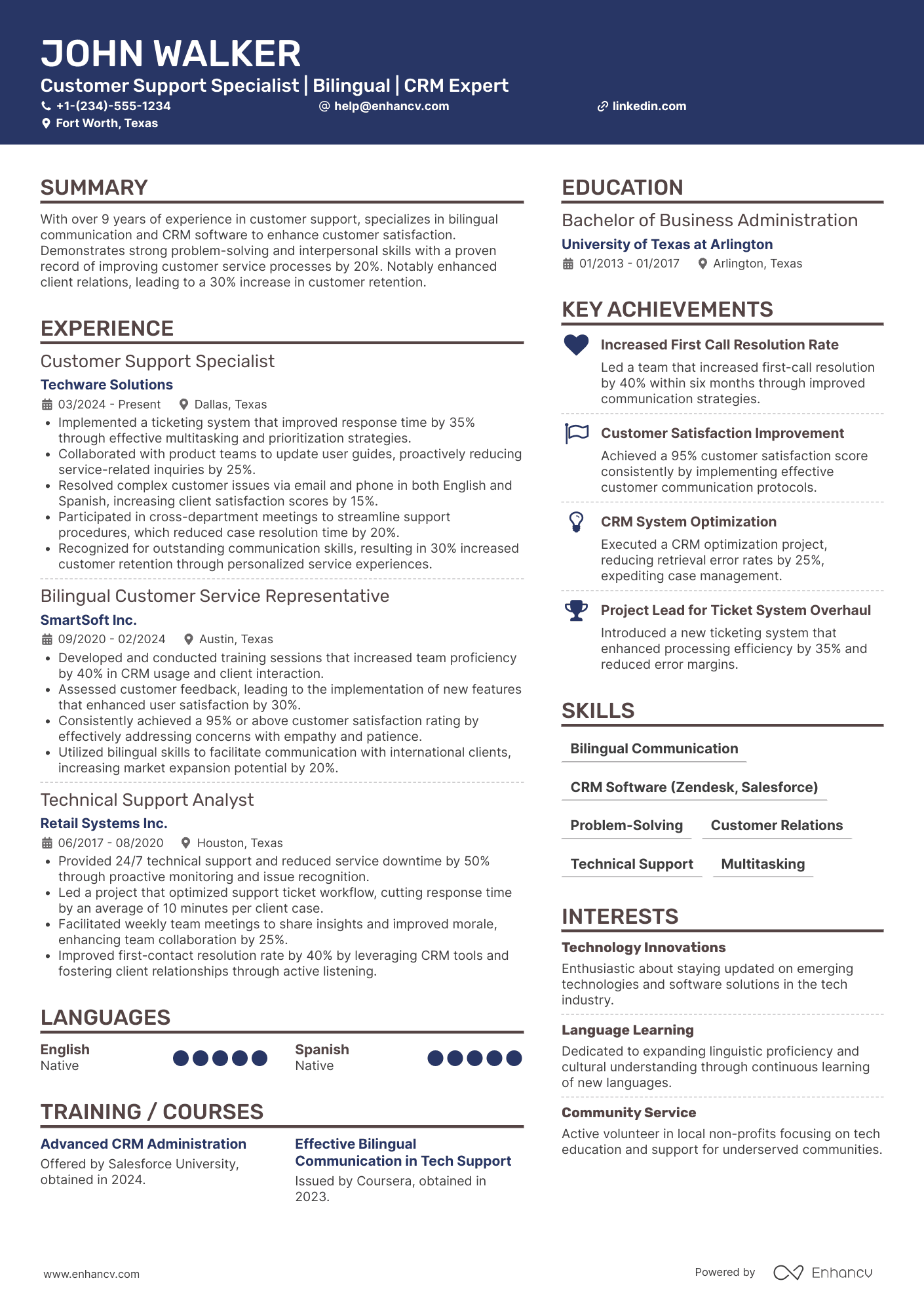 Bilingual Customer Support Resume Example