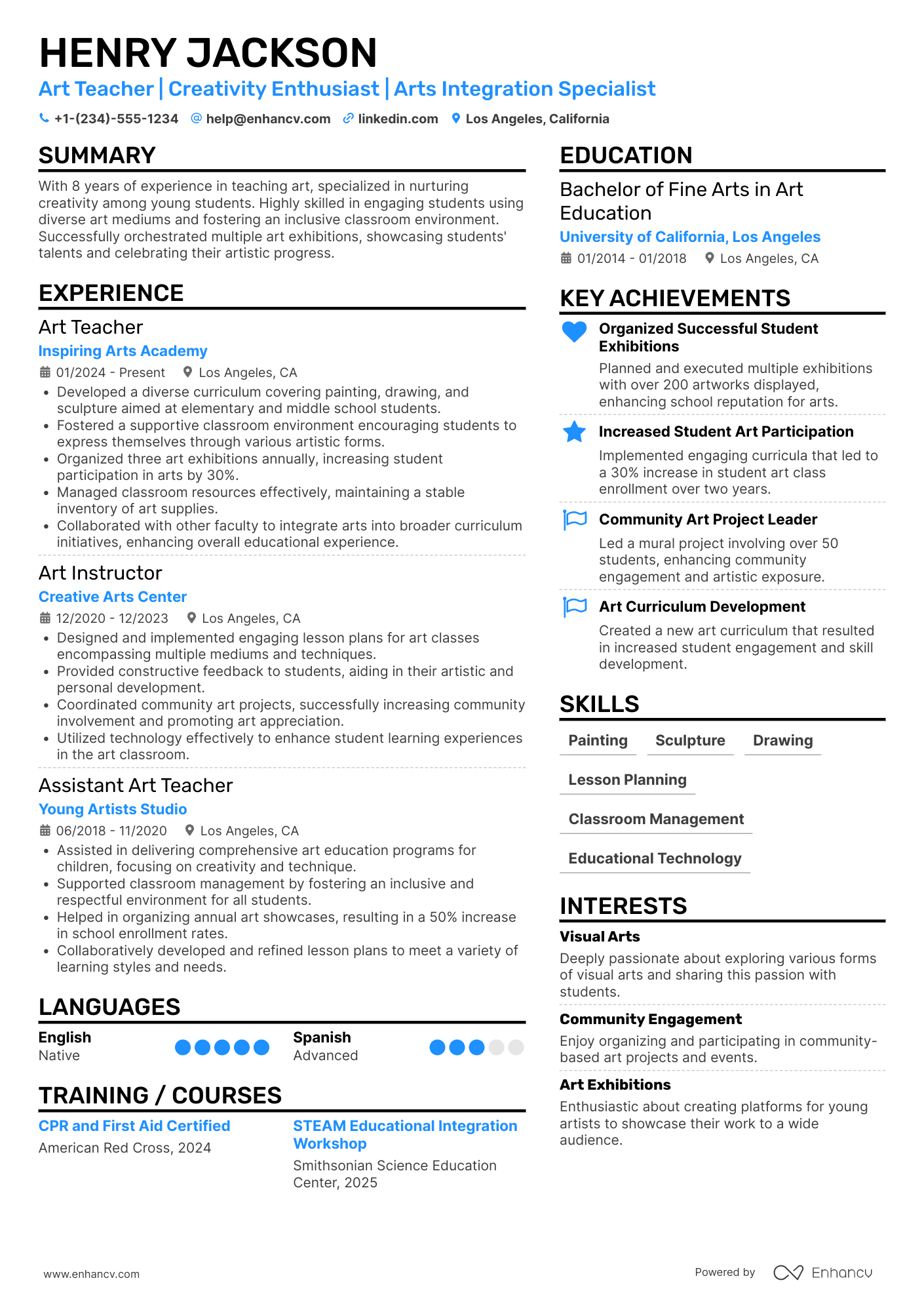 After School Art Teacher Resume Example