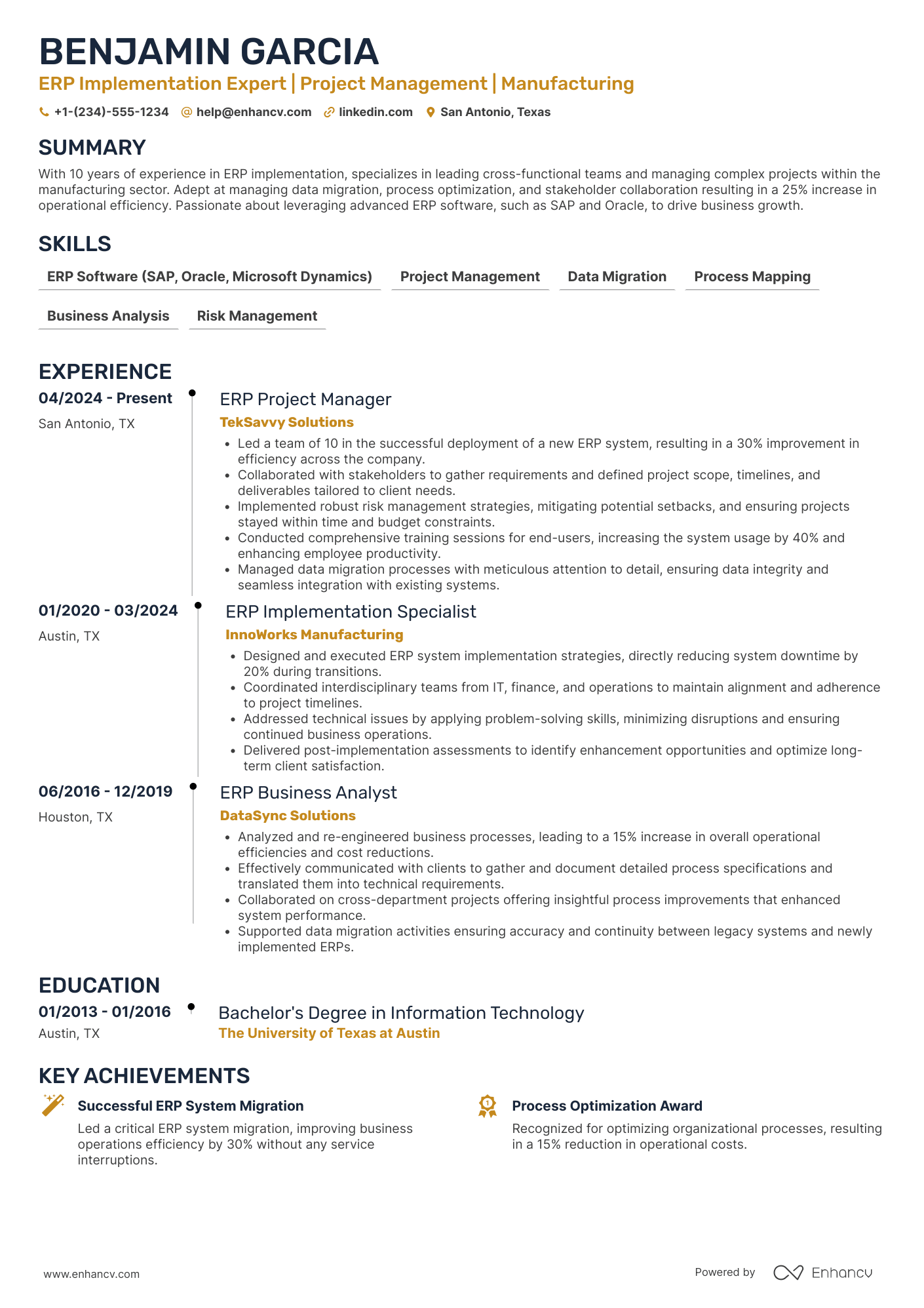 ERP Implementation Manager Resume Example