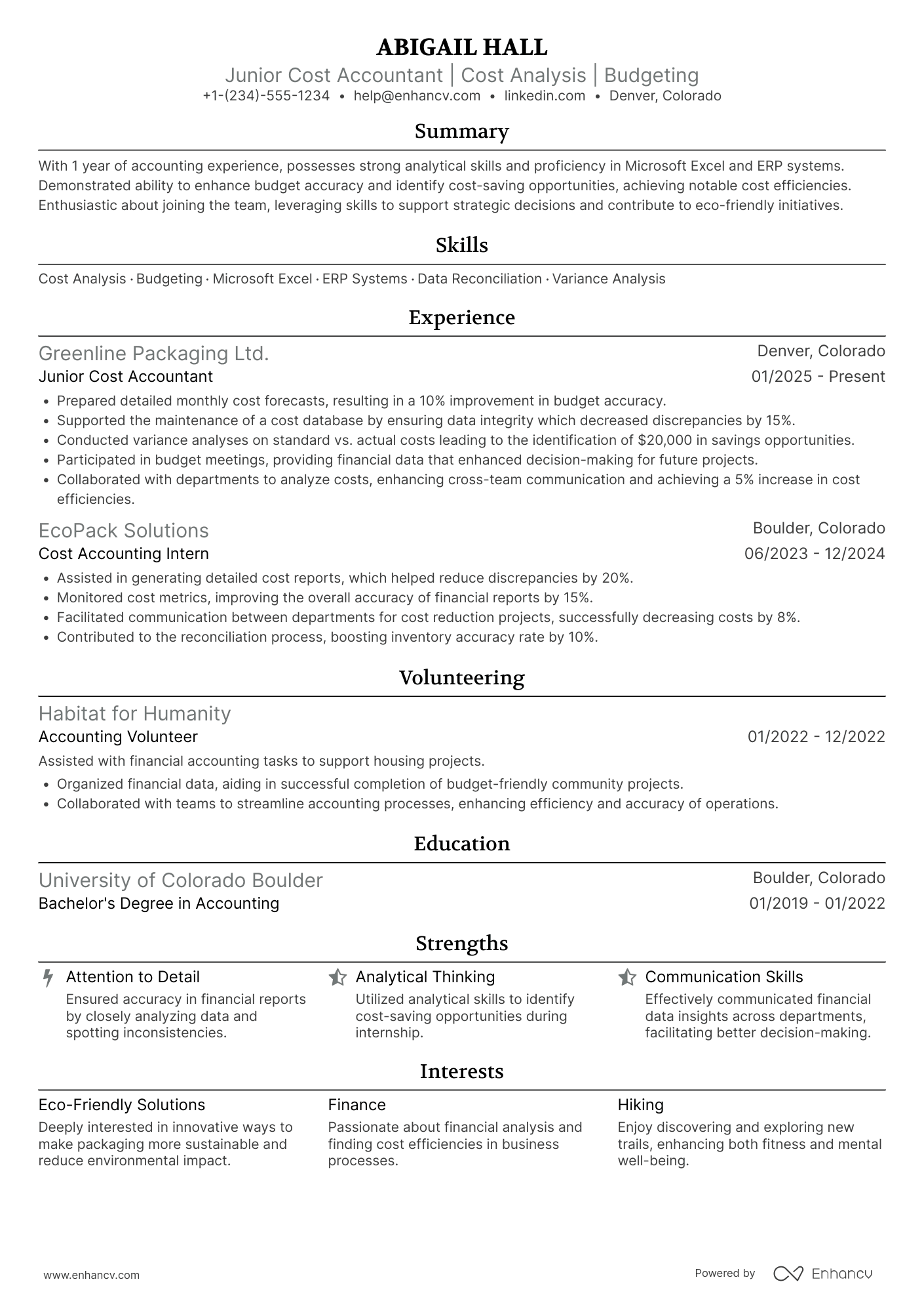 Junior Cost Accountant Resume Example