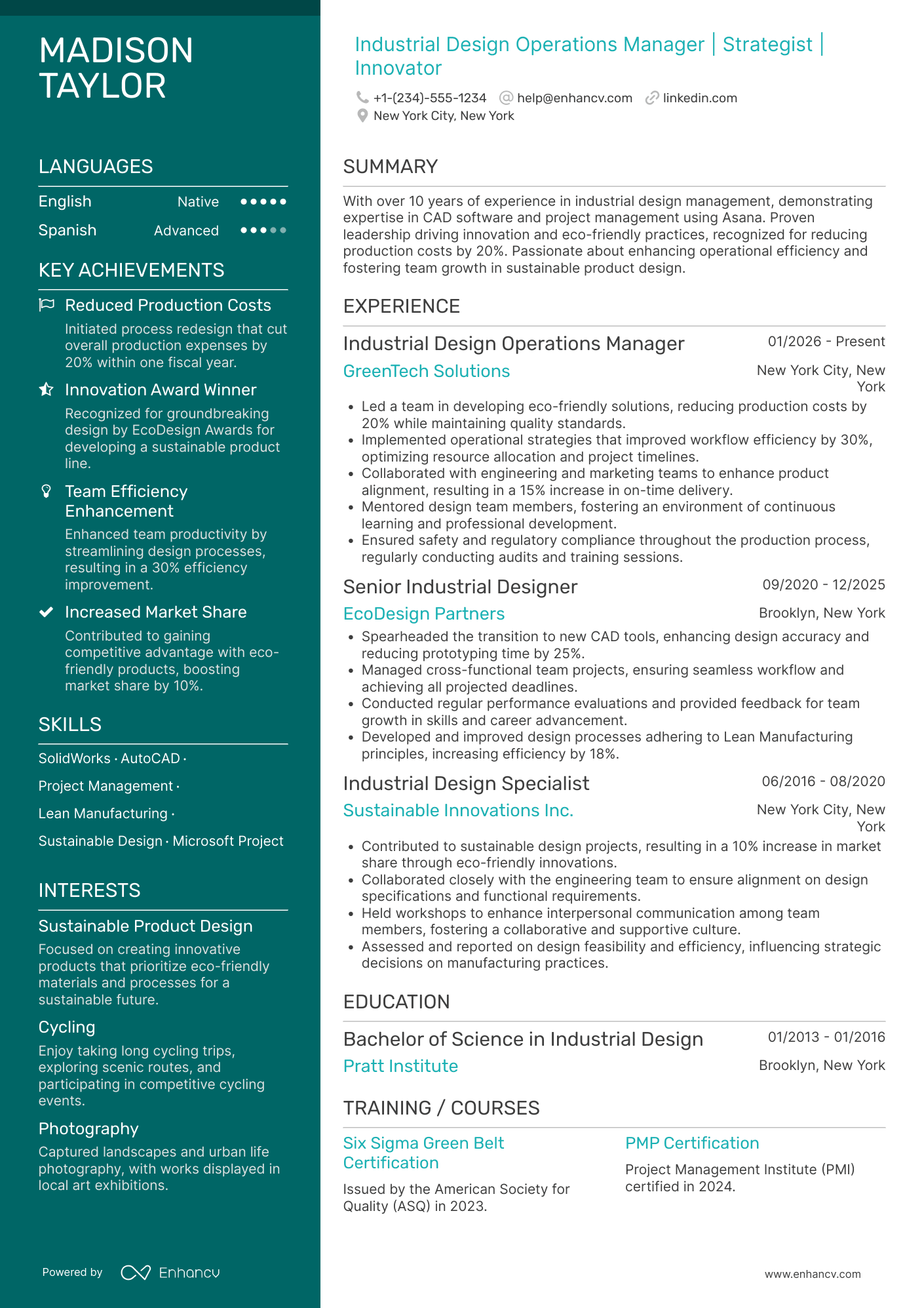 Industrial Design Operations Manager Resume Example