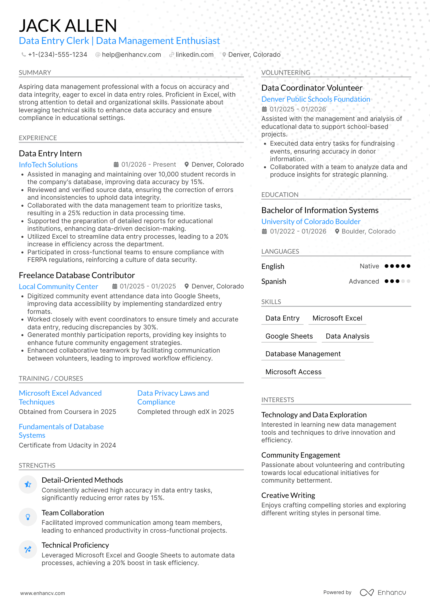 High School Student Data Entry Clerk Resume Example