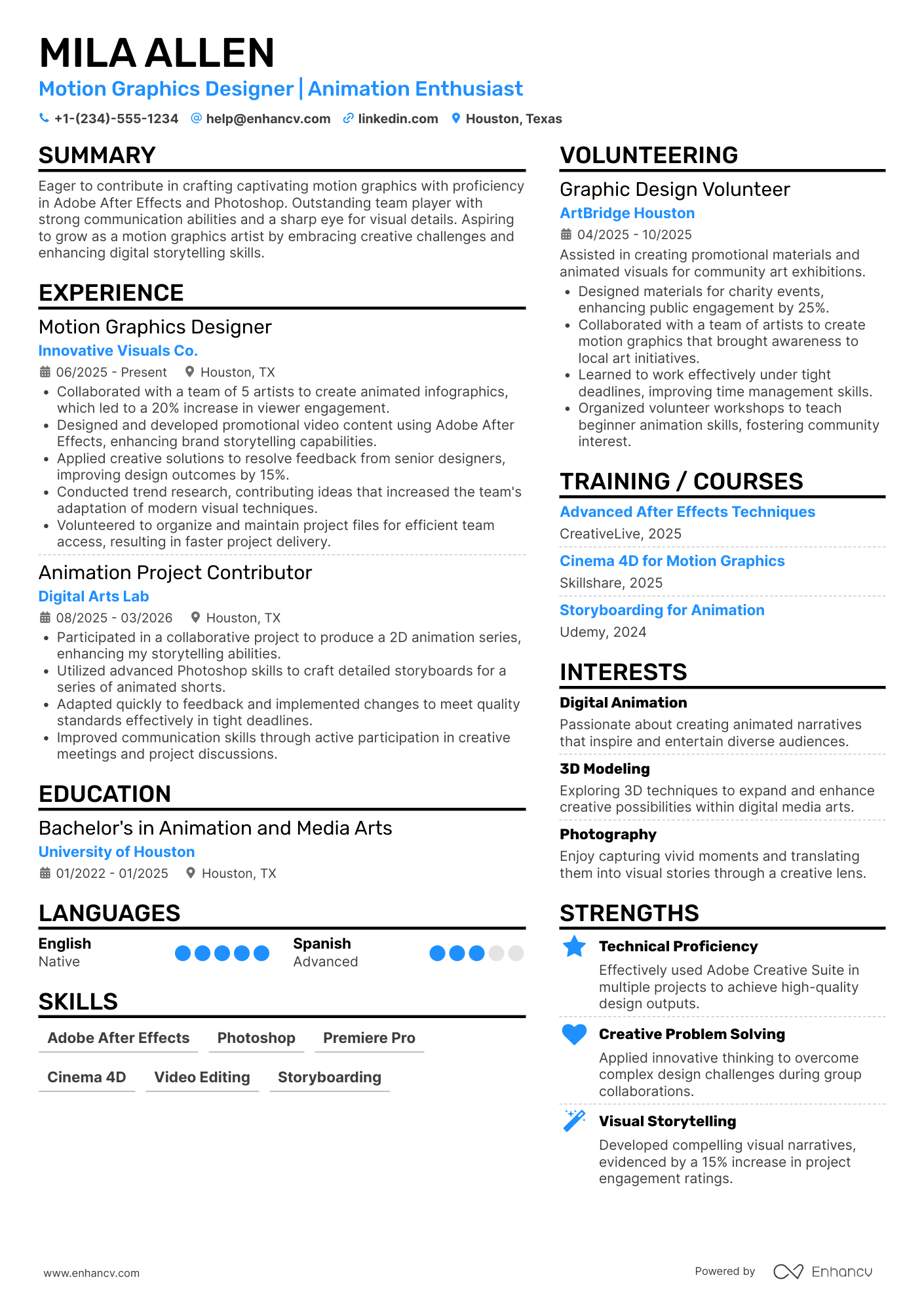 Motion Graphics Intern Resume Example