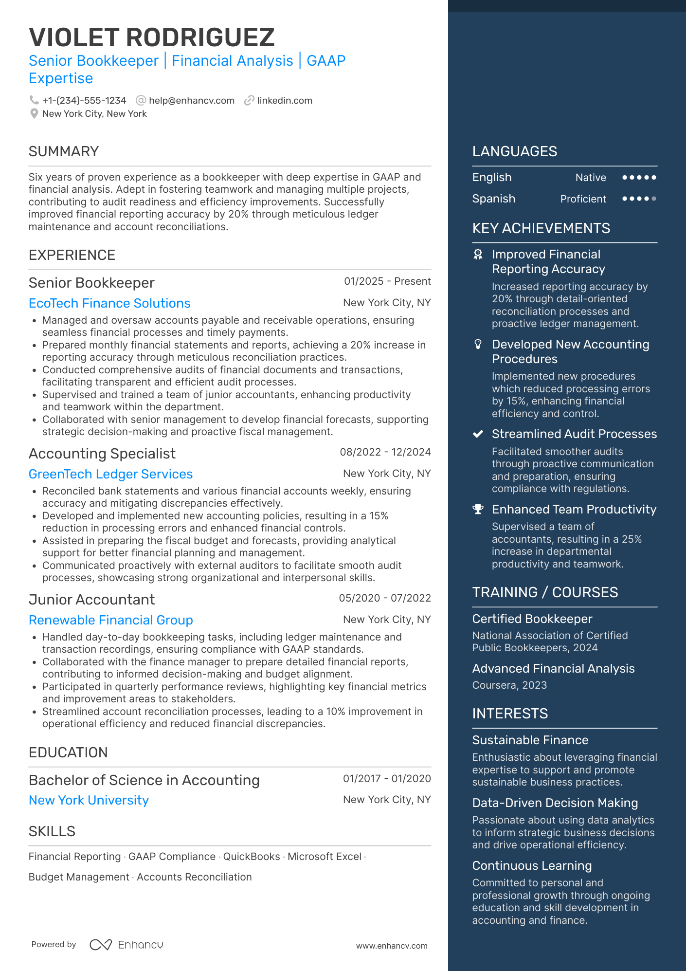 Senior Bookkeeper Resume Example