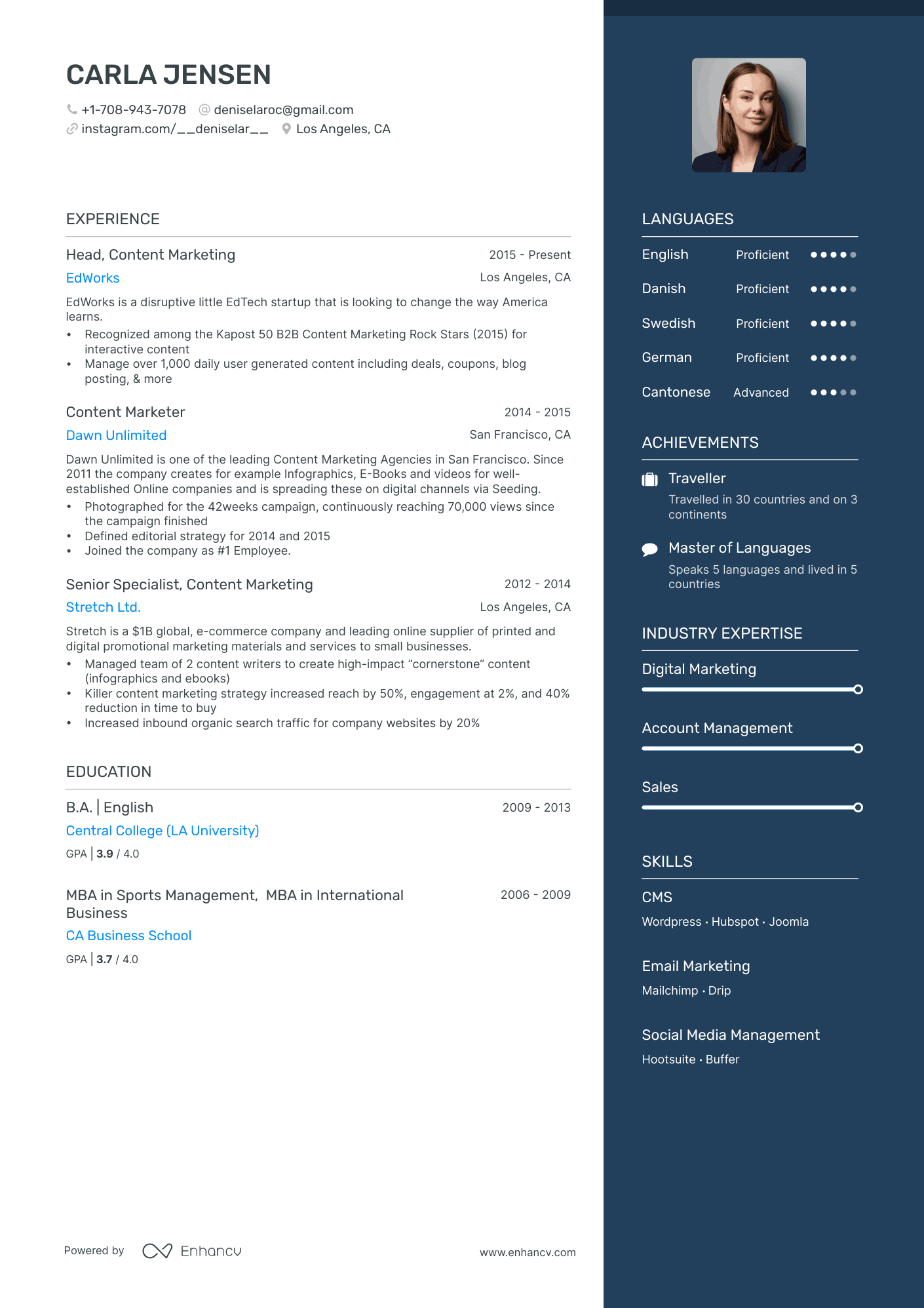 Content Marketing Resume Example