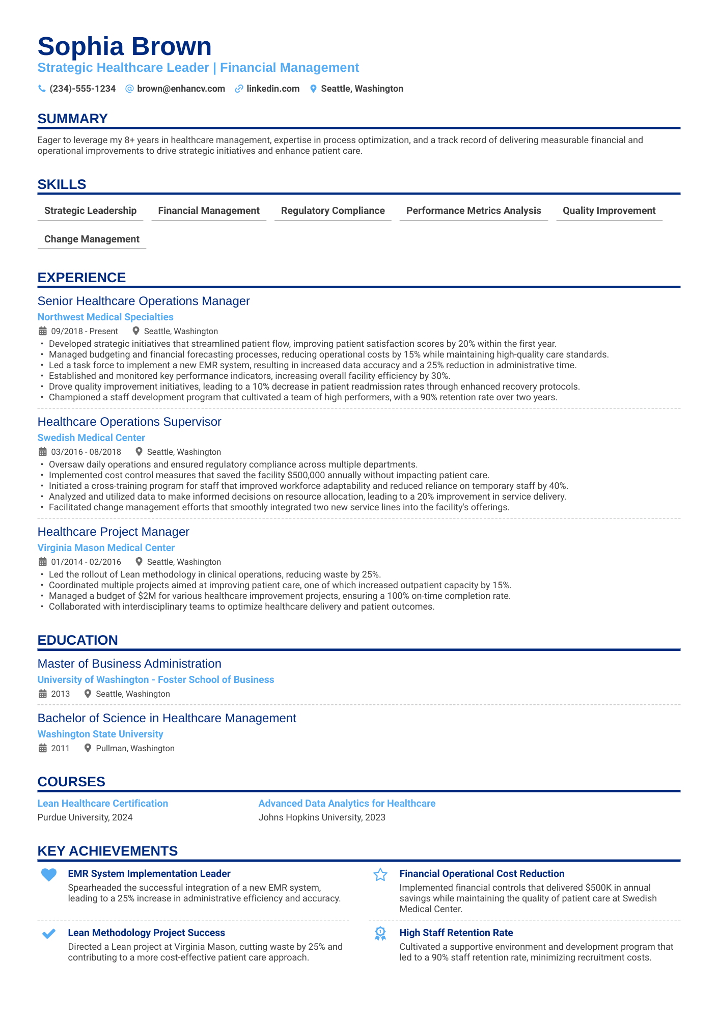 Healthcare Operations Manager Resume Example
