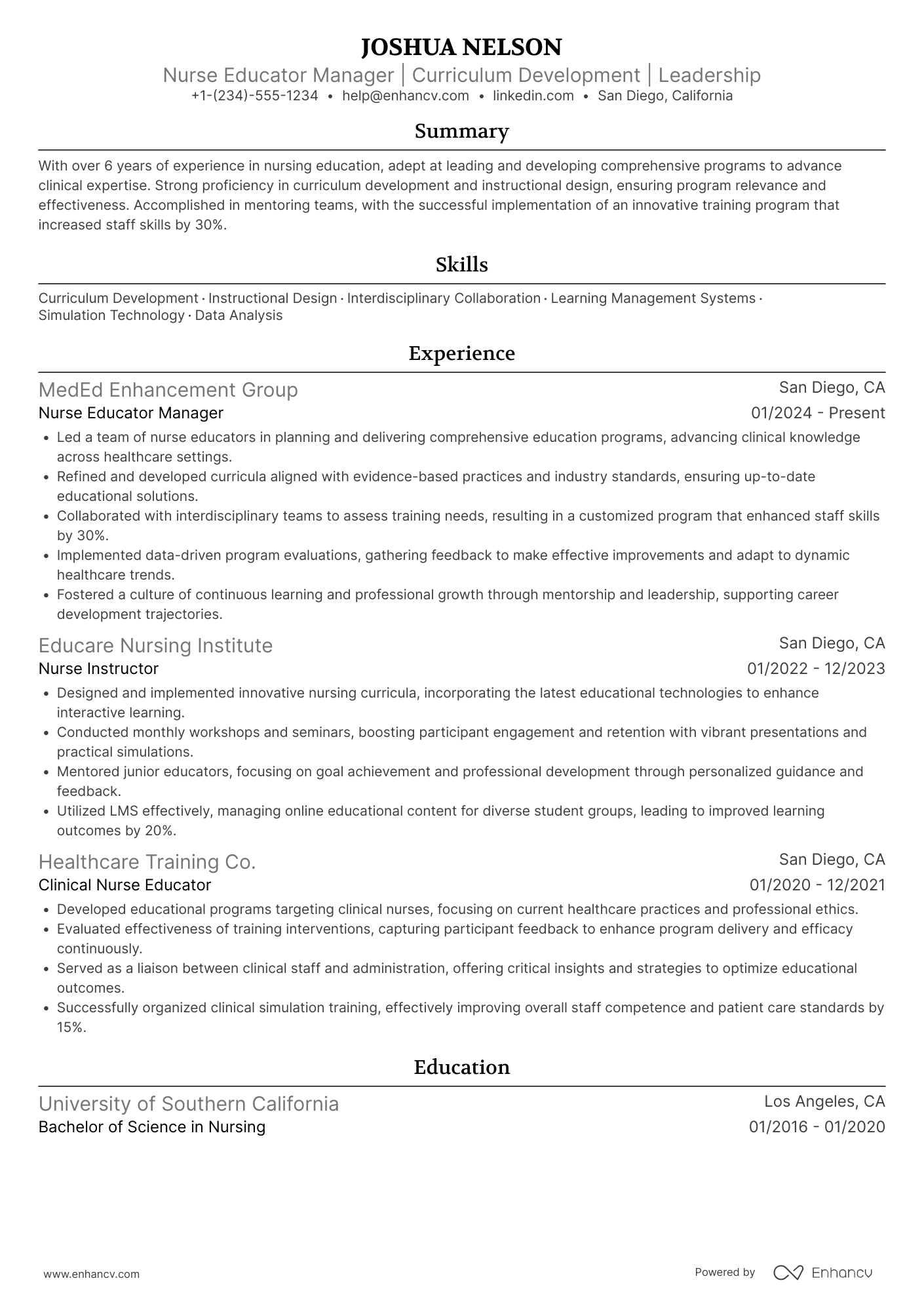 Nurse Educator Manager Resume Example