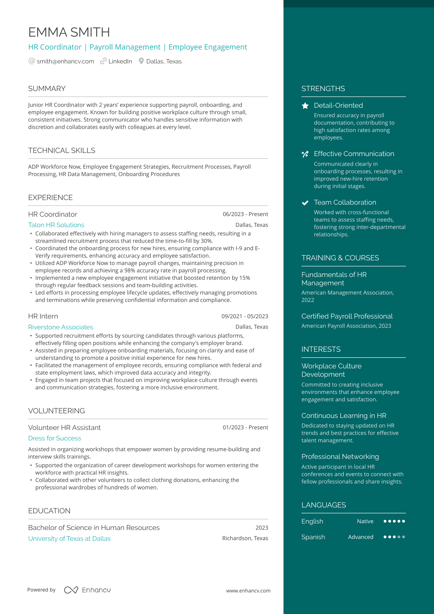 Junior HR Coordinator Resume Example