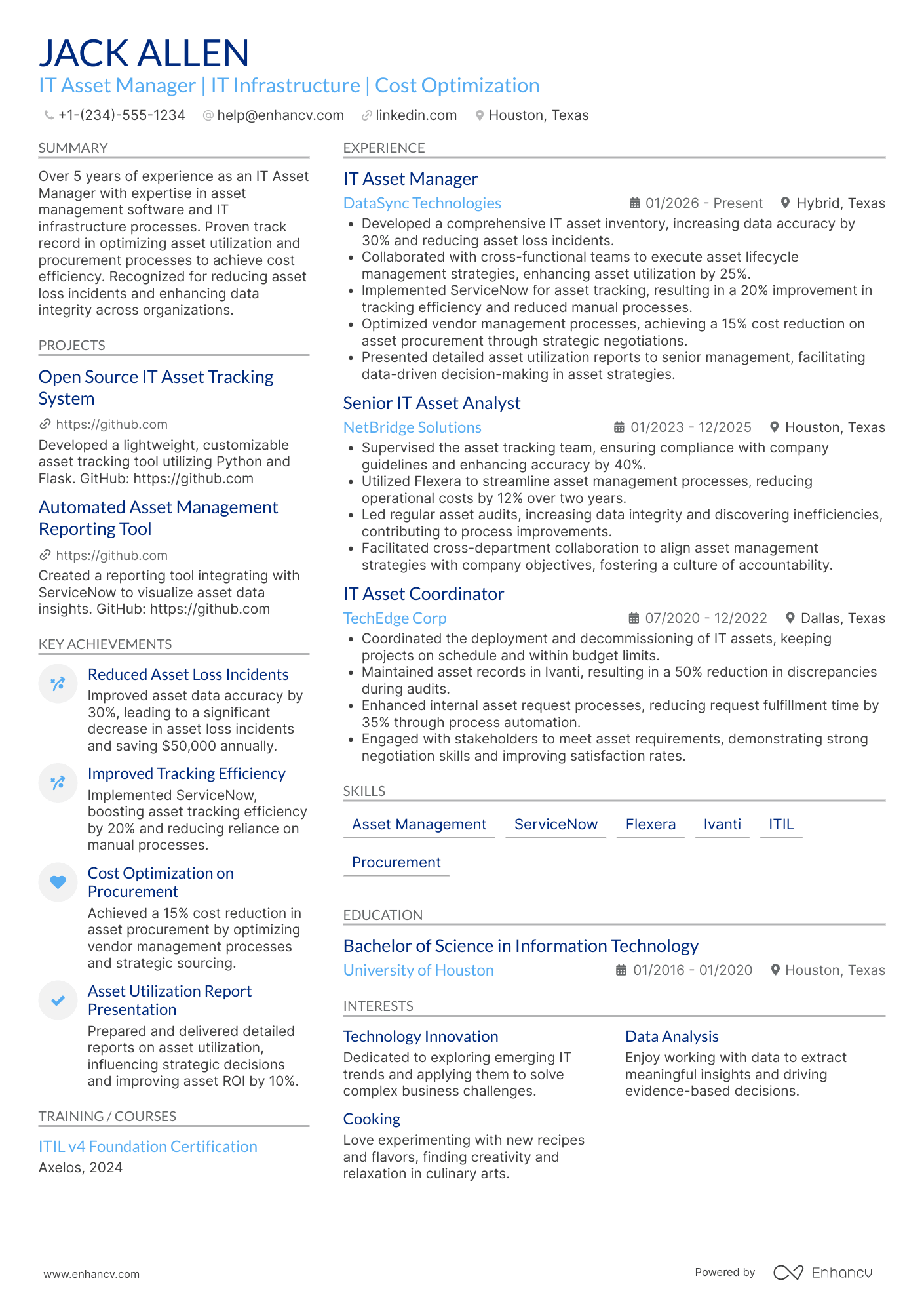 IT Asset Manager Resume Example