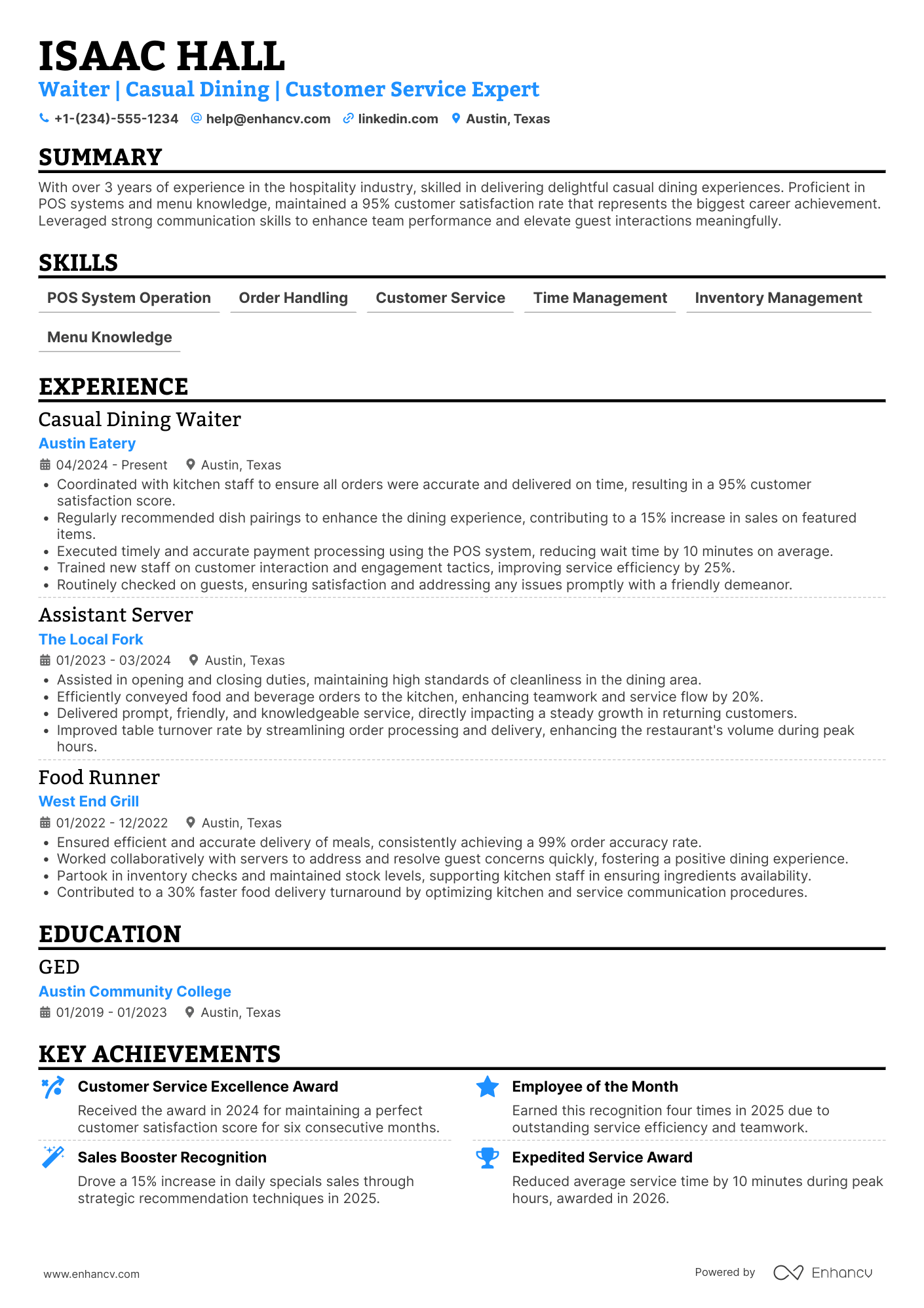 Casual Dining Waiter Resume Example