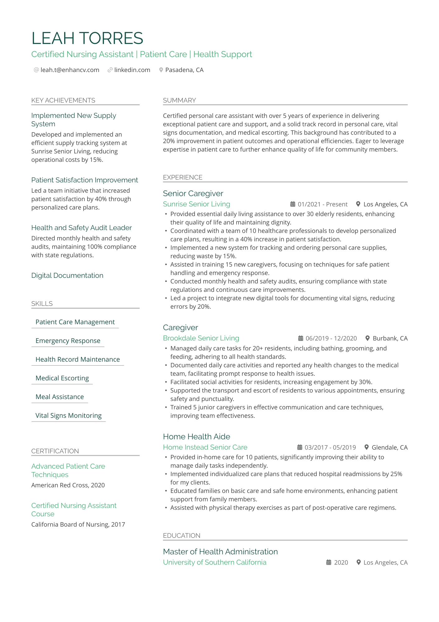 Nursing Assistant Resume Example
