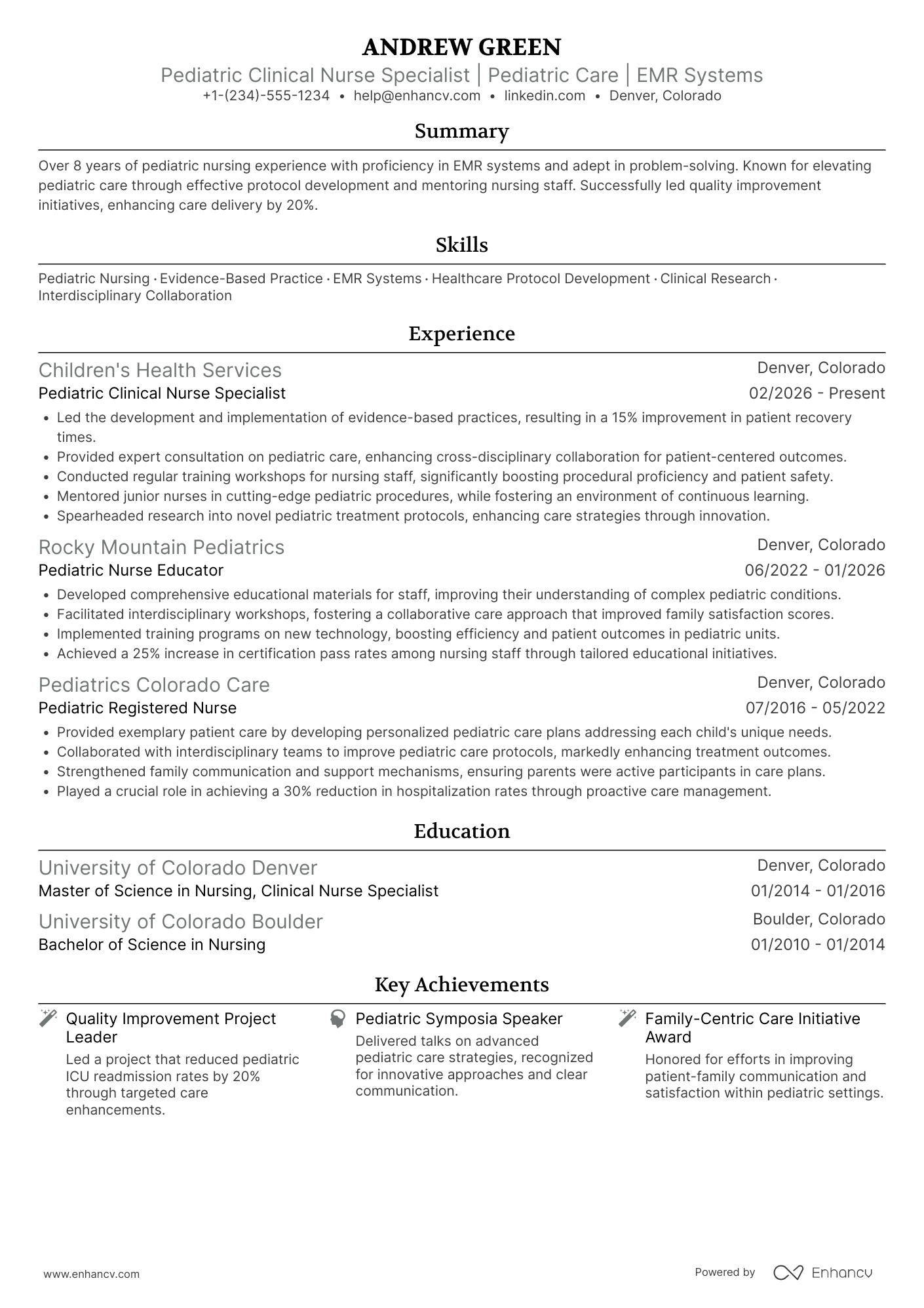 Pediatric Clinical Nurse Specialist (Pediatric CNS) Resume Example