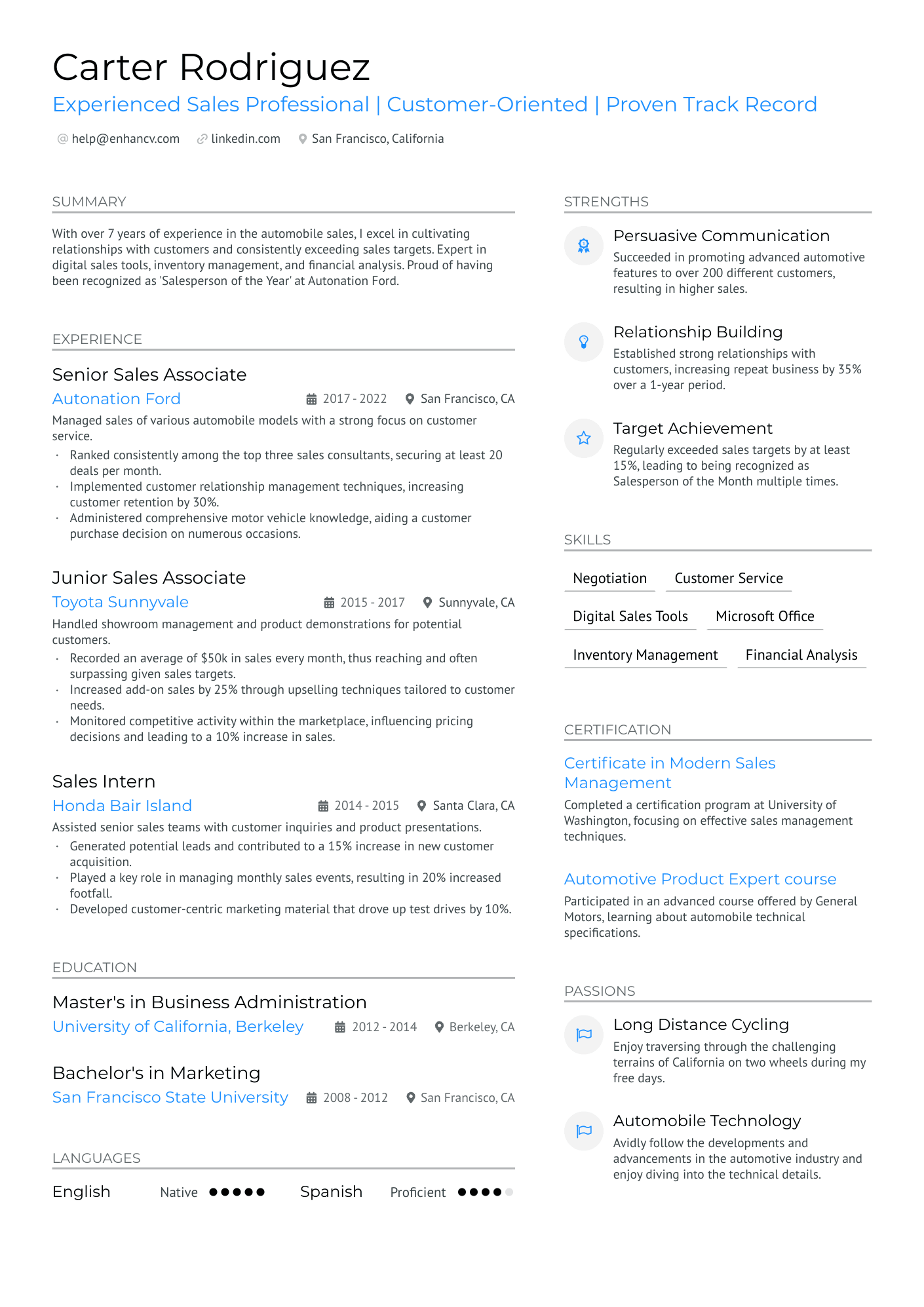 Used Car Salesman Resume Example