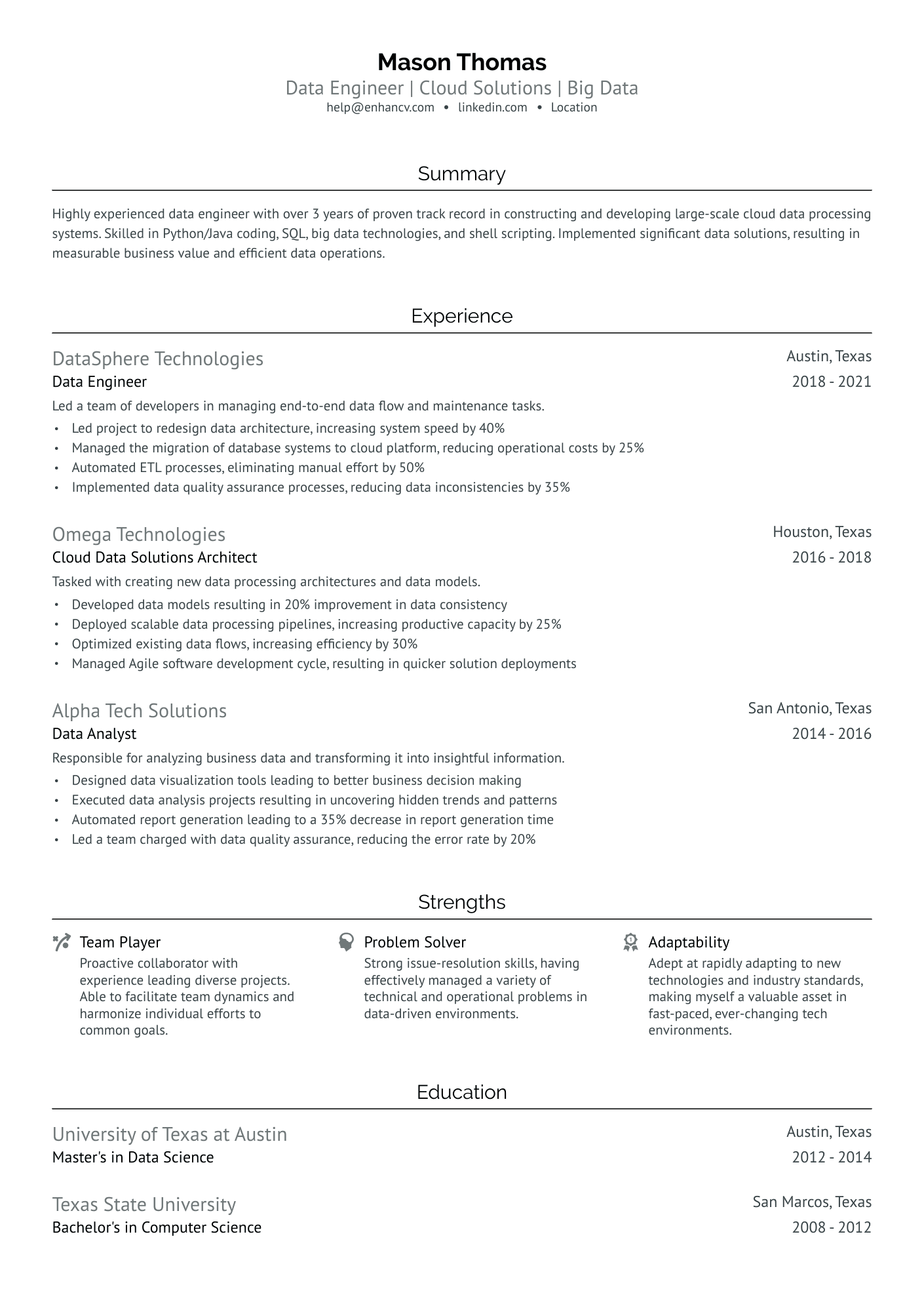Data Engineer Analyst Resume Example