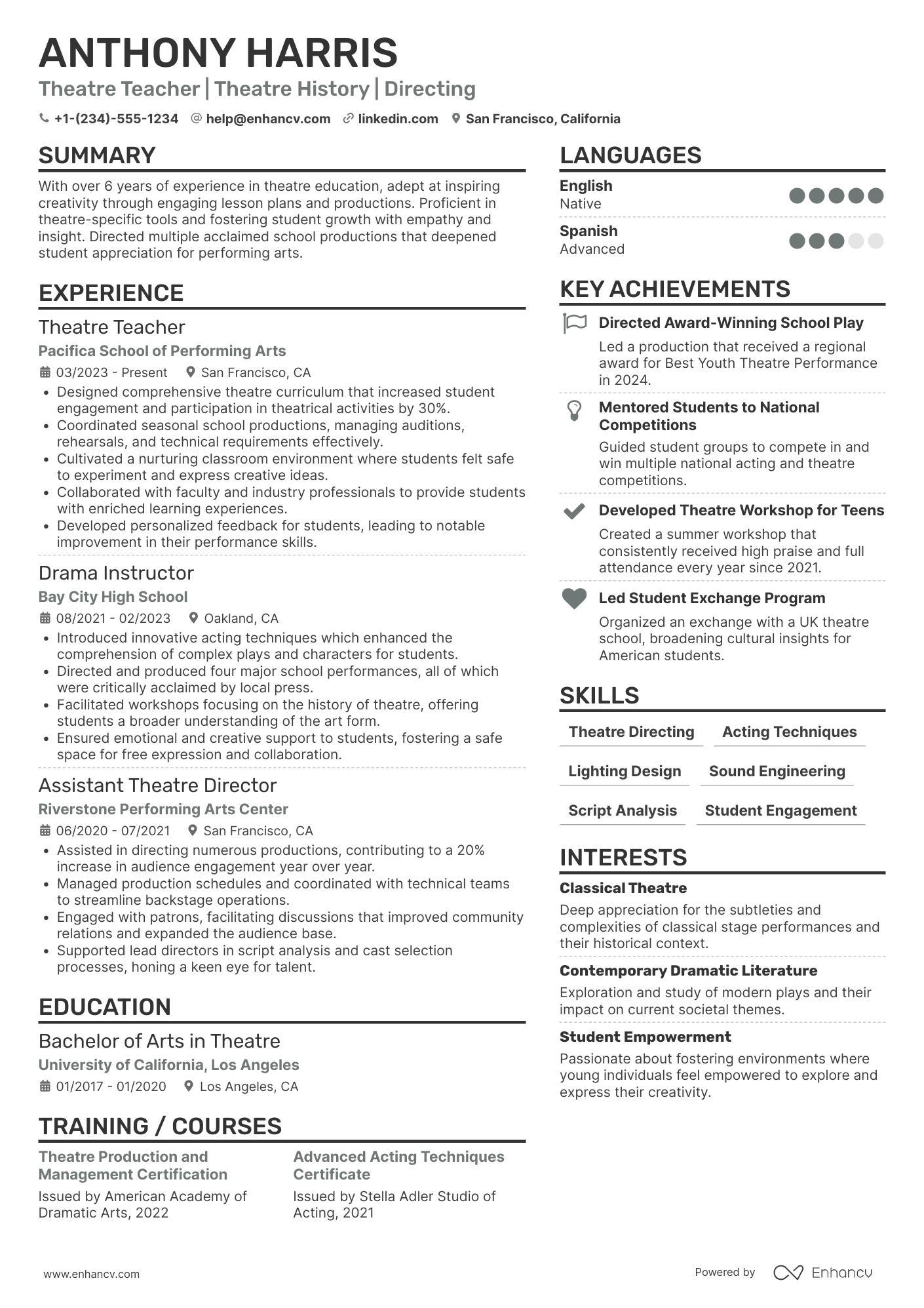 Theatre Teacher Resume Example