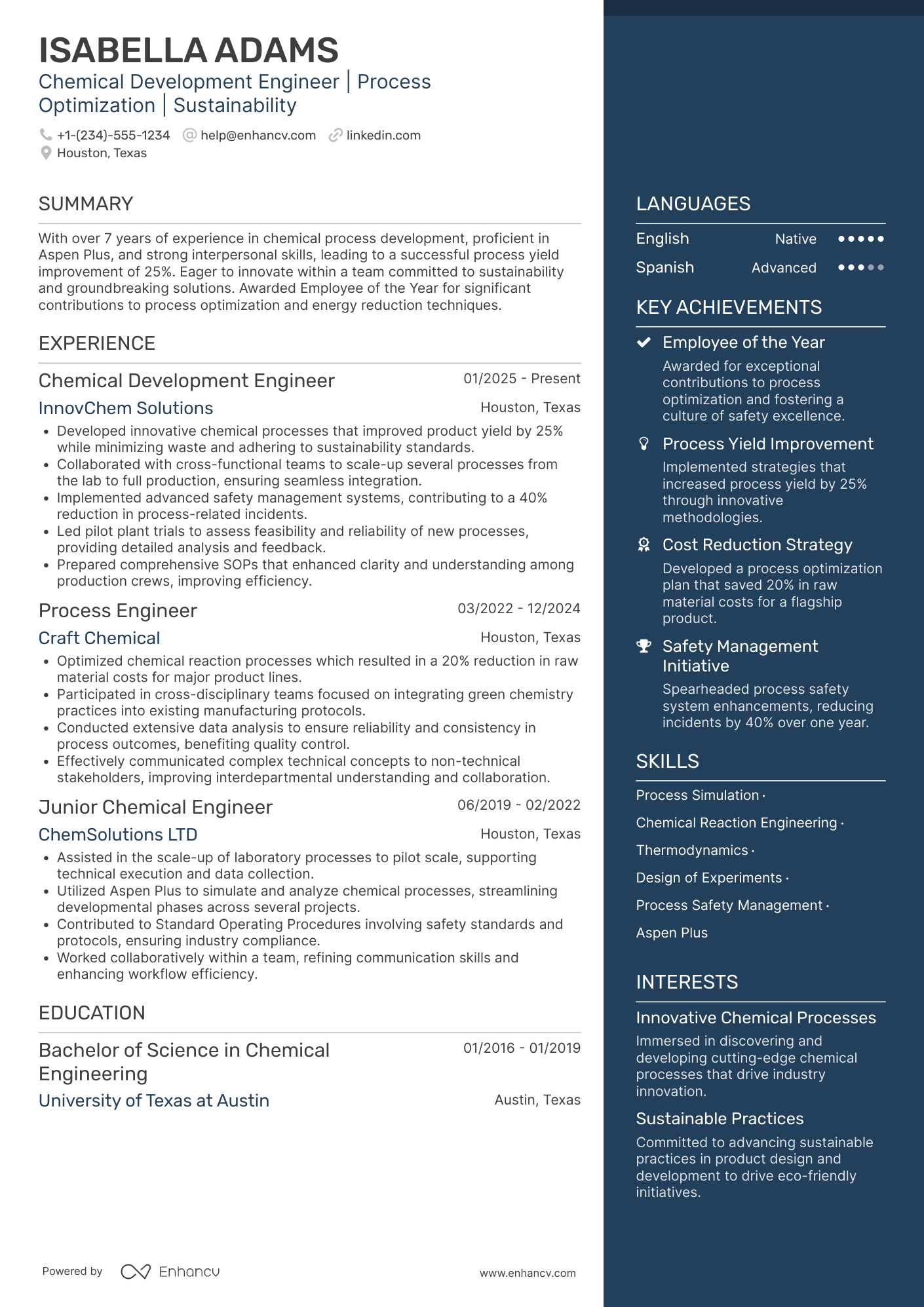 Chemical Development Engineer Resume Example