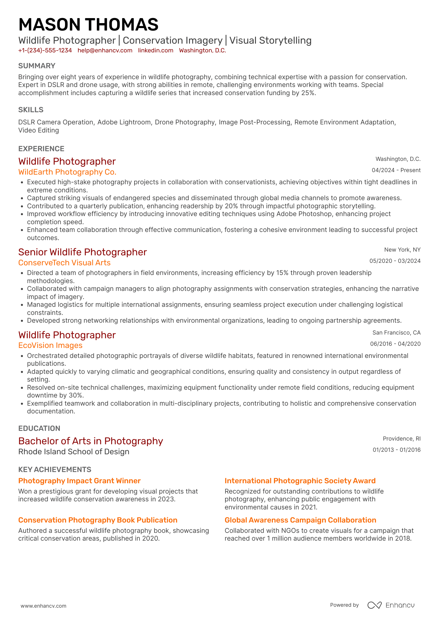 Wildlife Photographer Resume Example