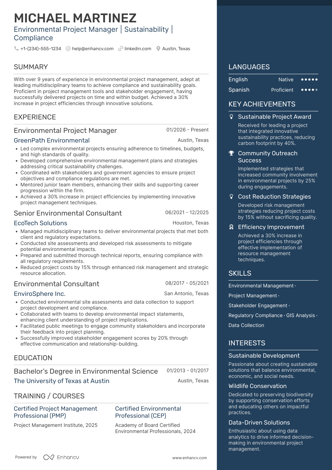 Environmental Project Manager Resume Example