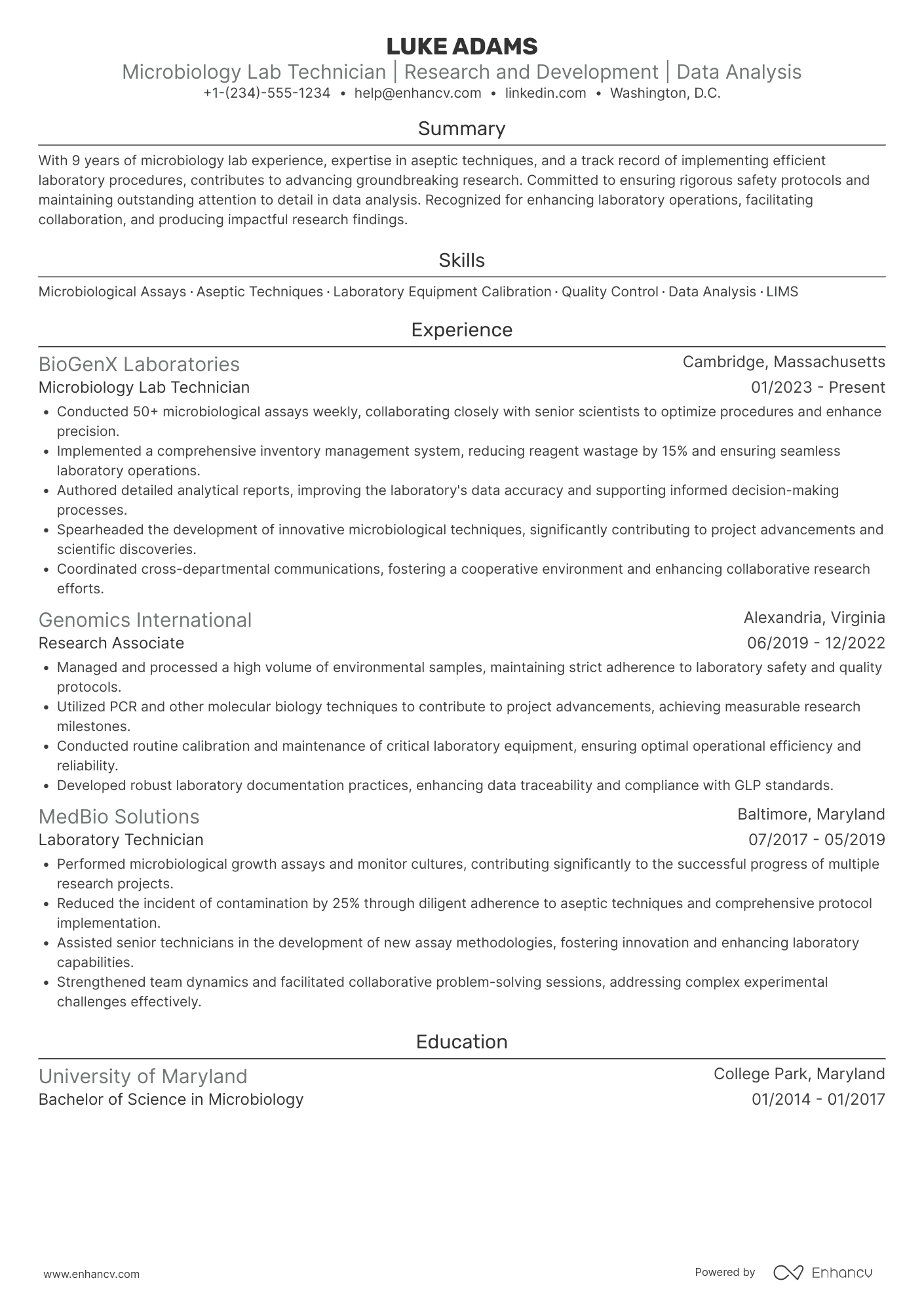 Microbiology Lab Technician Resume Example
