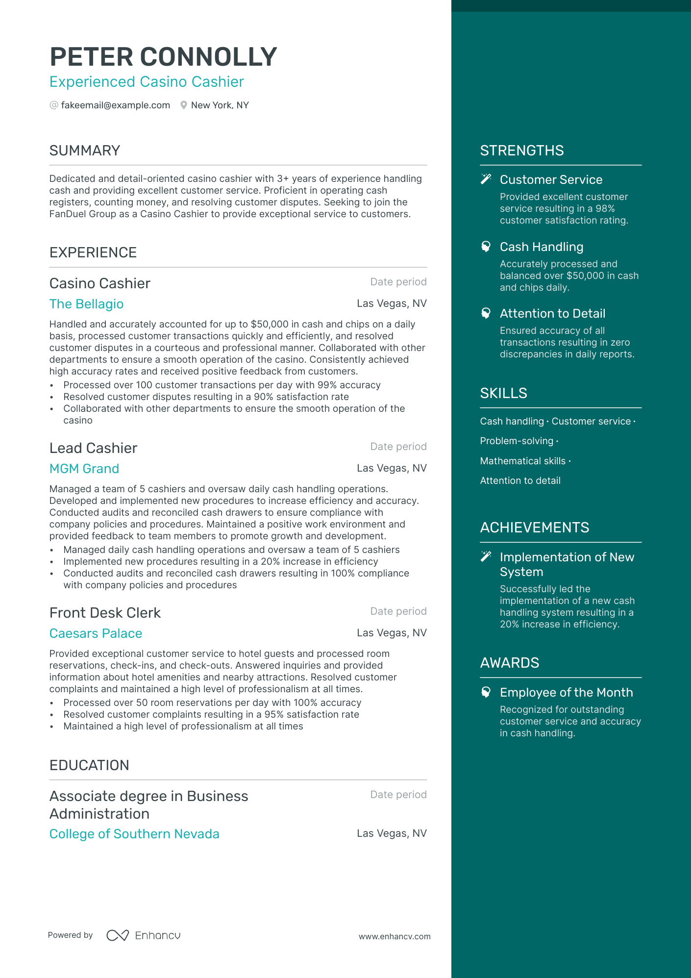 Casino Cashier Resume Example