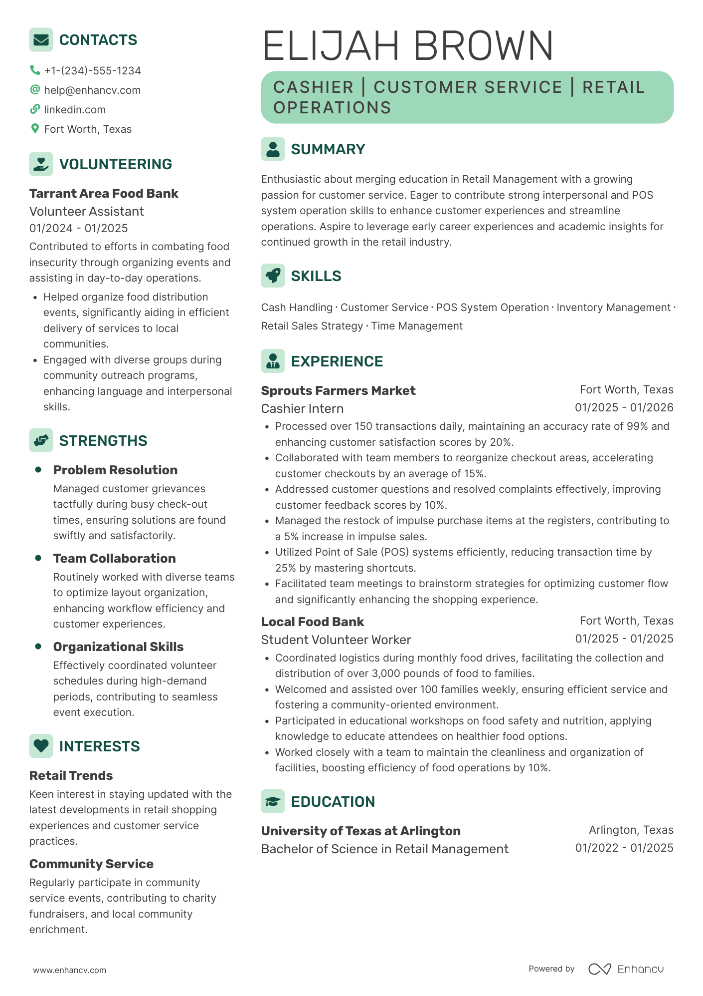 High School Student Cashier Resume Example