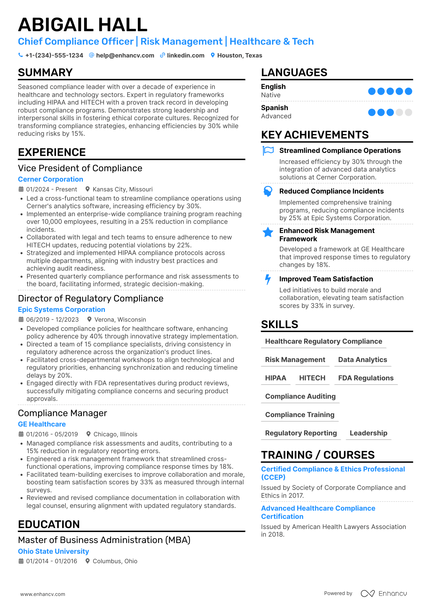 Chief Compliance Officer Resume Example