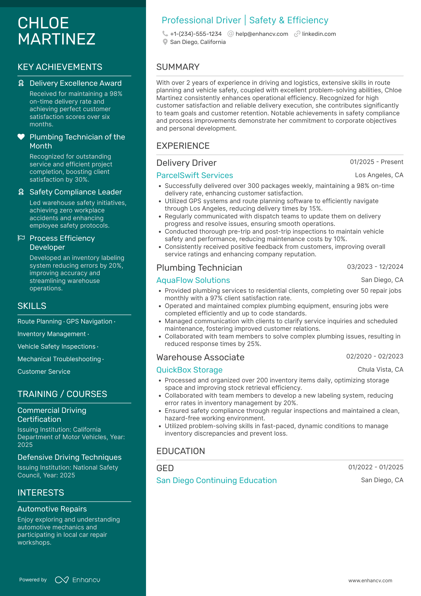 Delivery Driver Resume Example