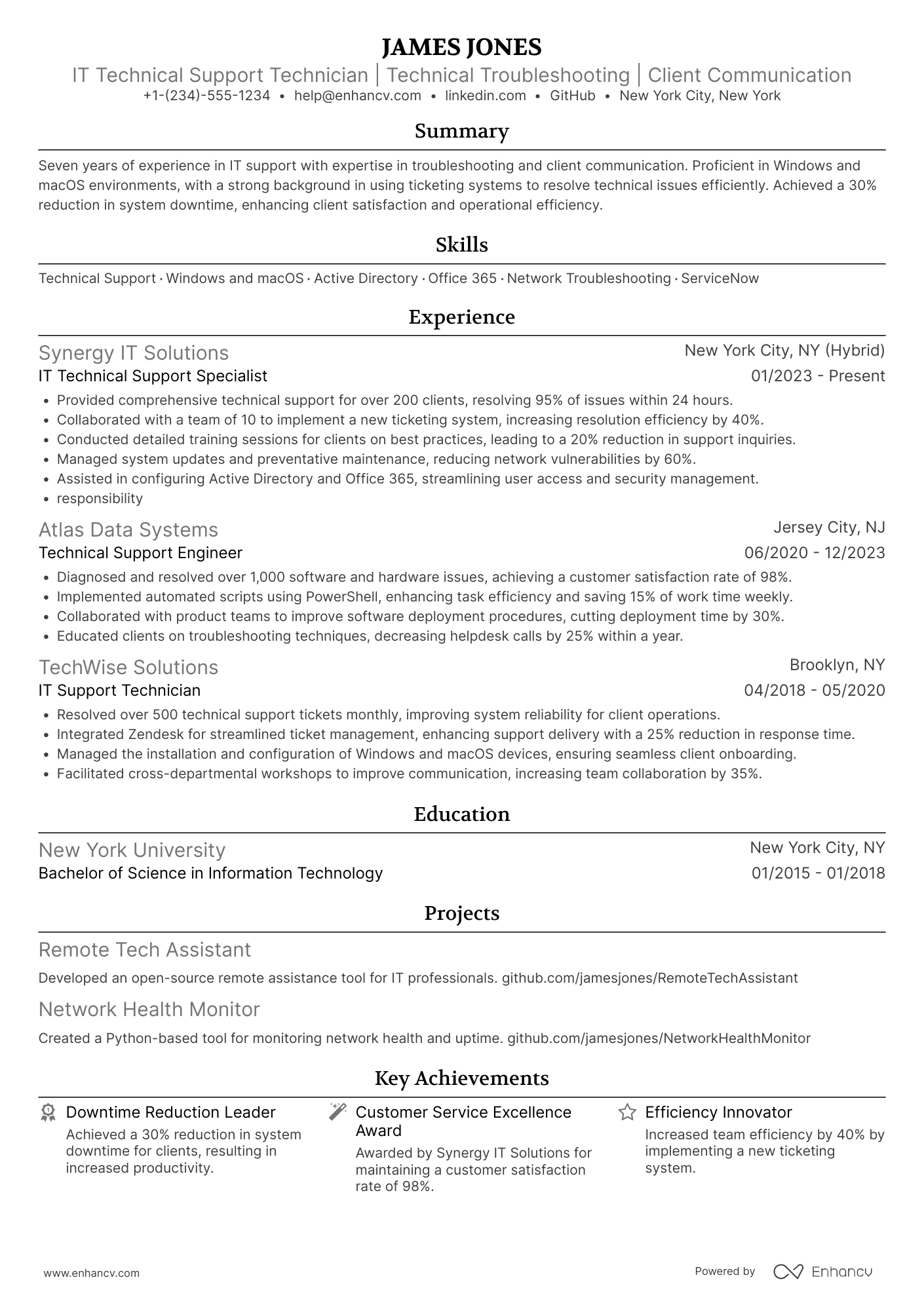 IT Technical Support Technician Resume Example