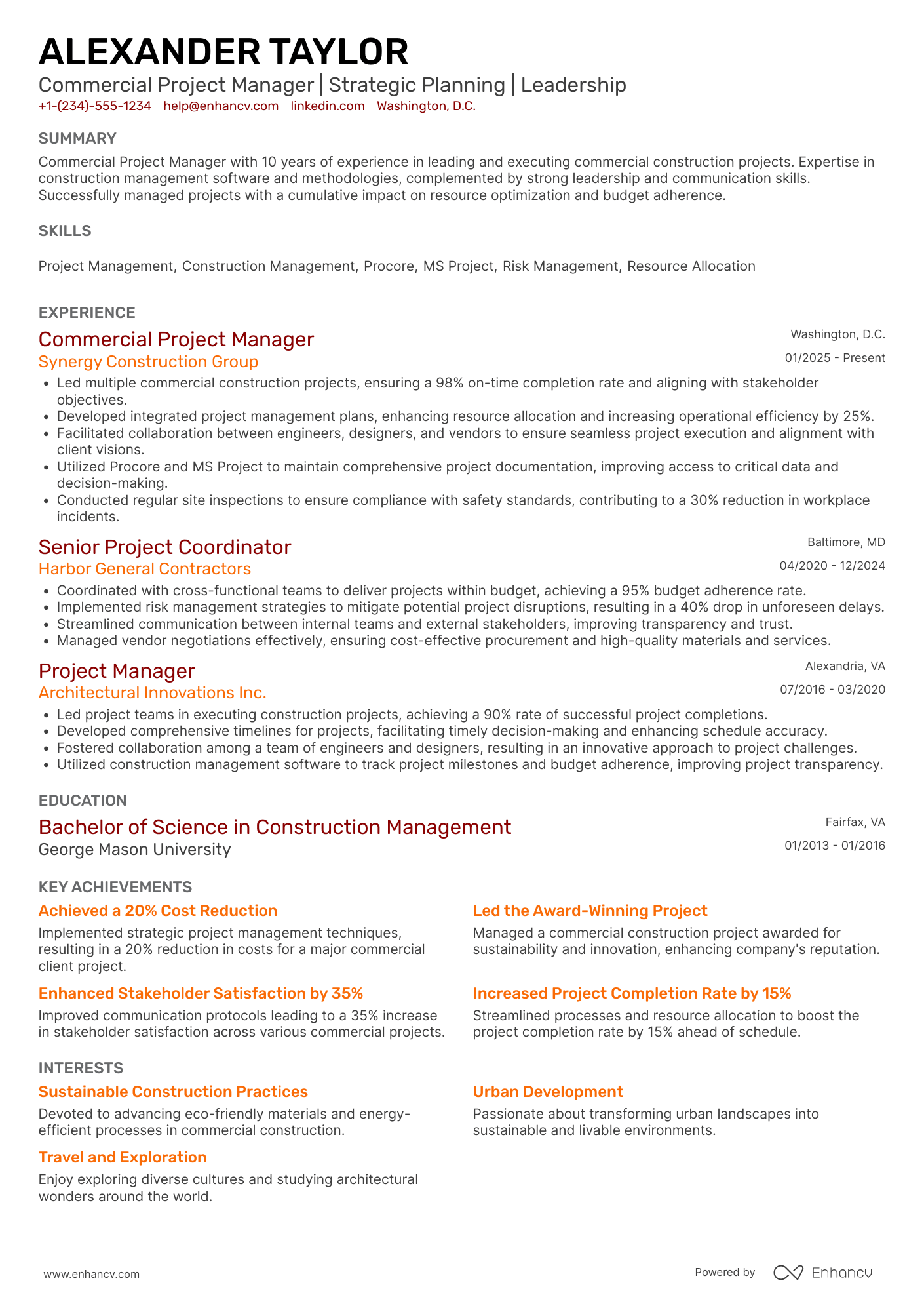 Commercial Project Manager Resume Example