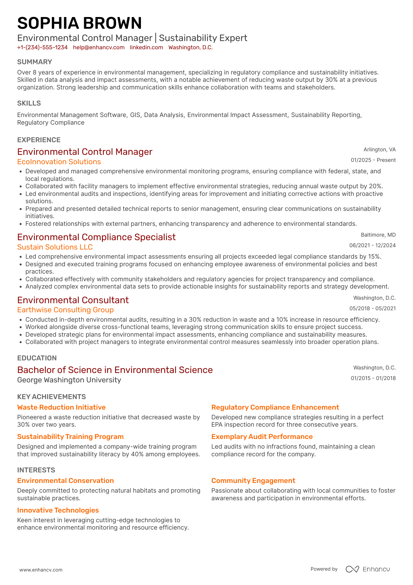 Environmental Control Manager Resume Example
