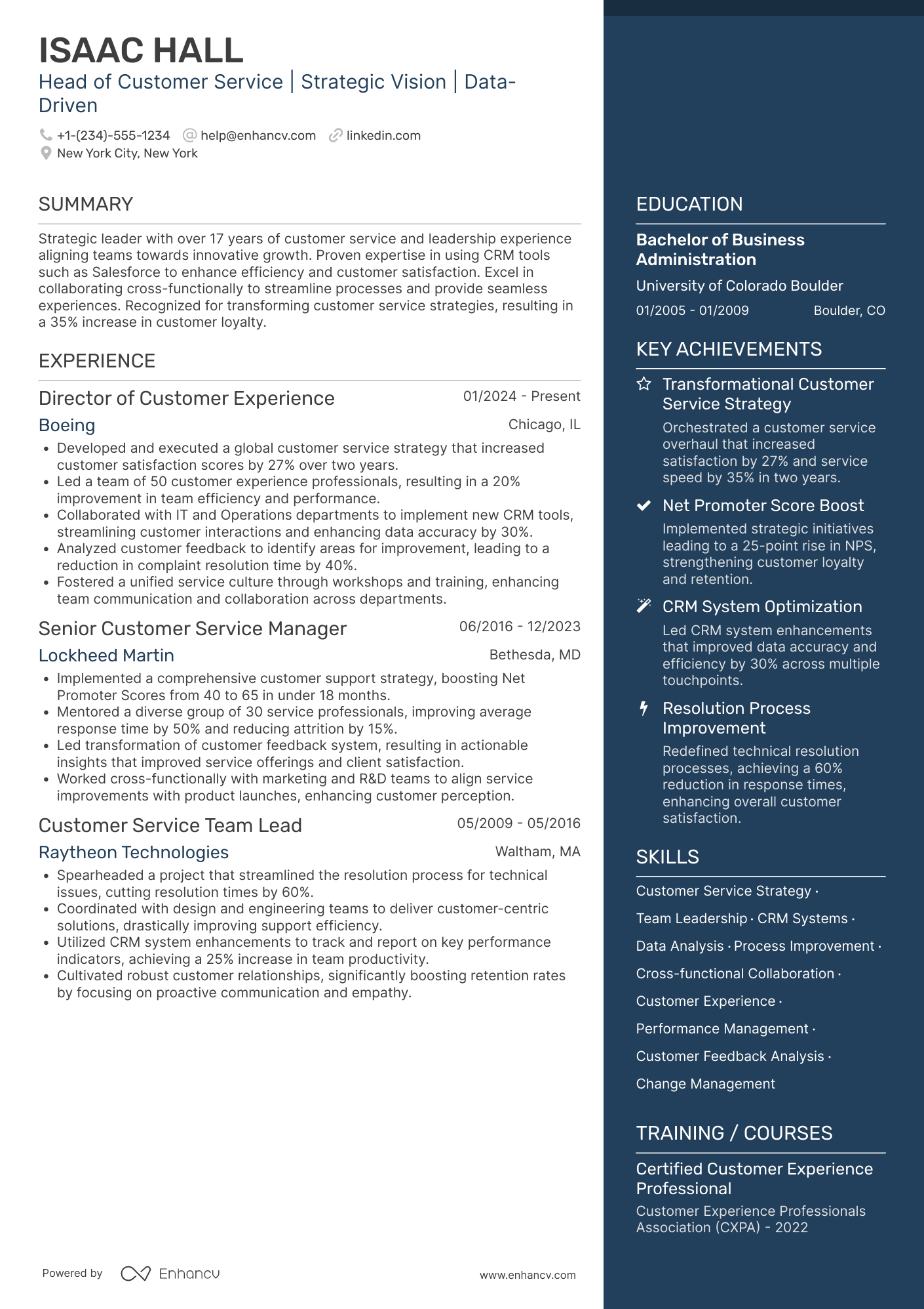 Head of Customer Service Resume Example