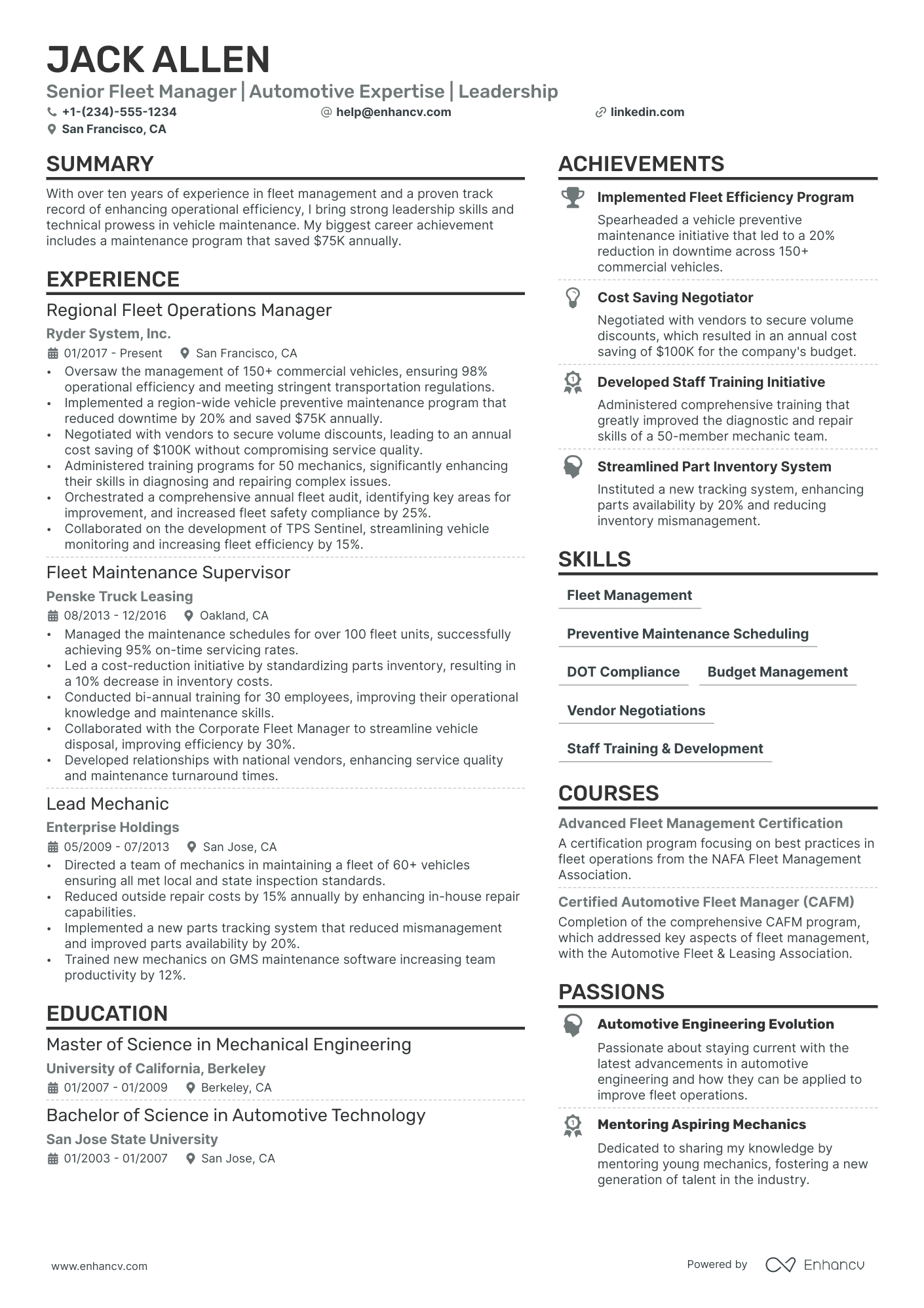 Fleet Manager Resume Example