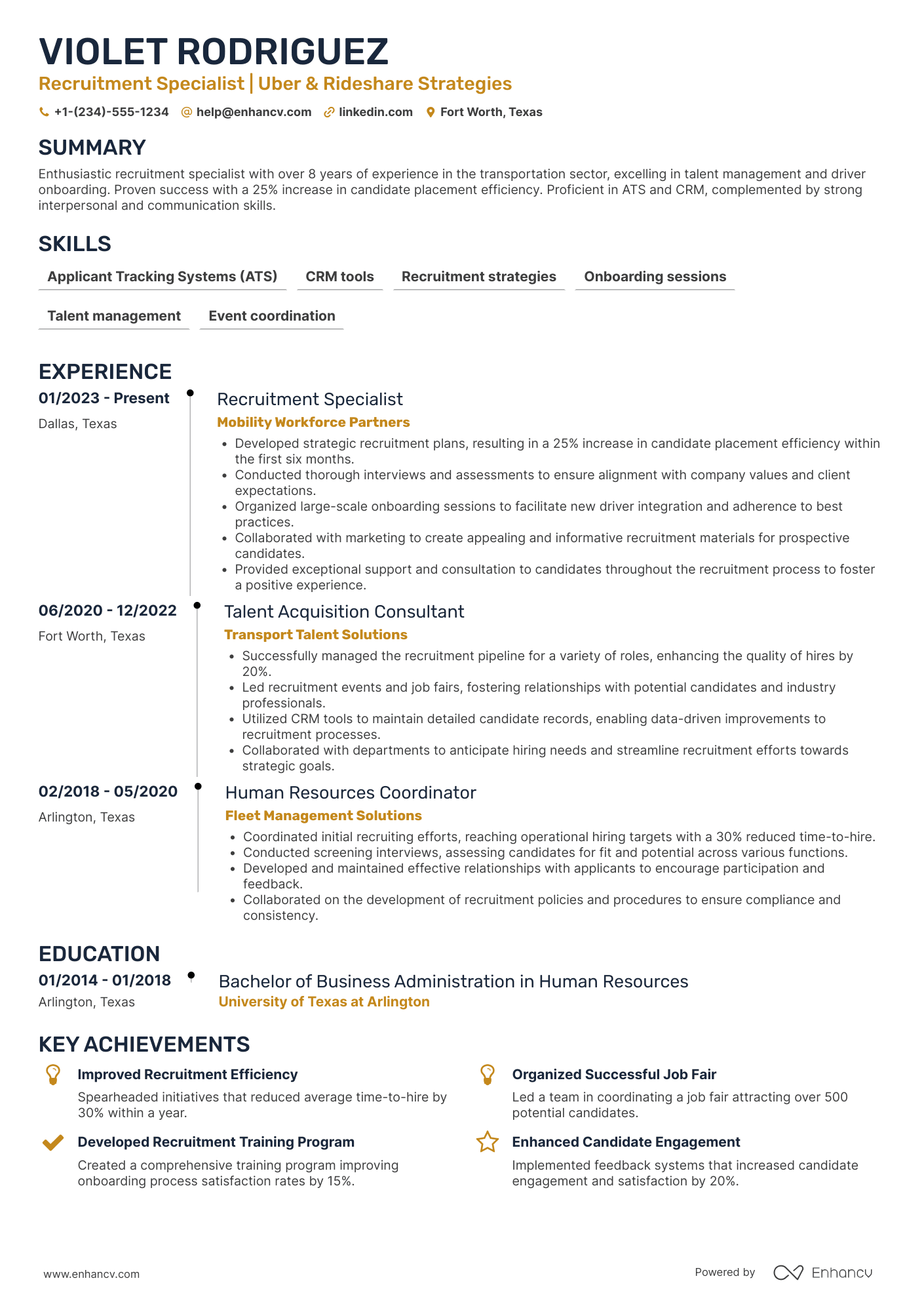 Uber Driver Recruitment Specialist Resume Example