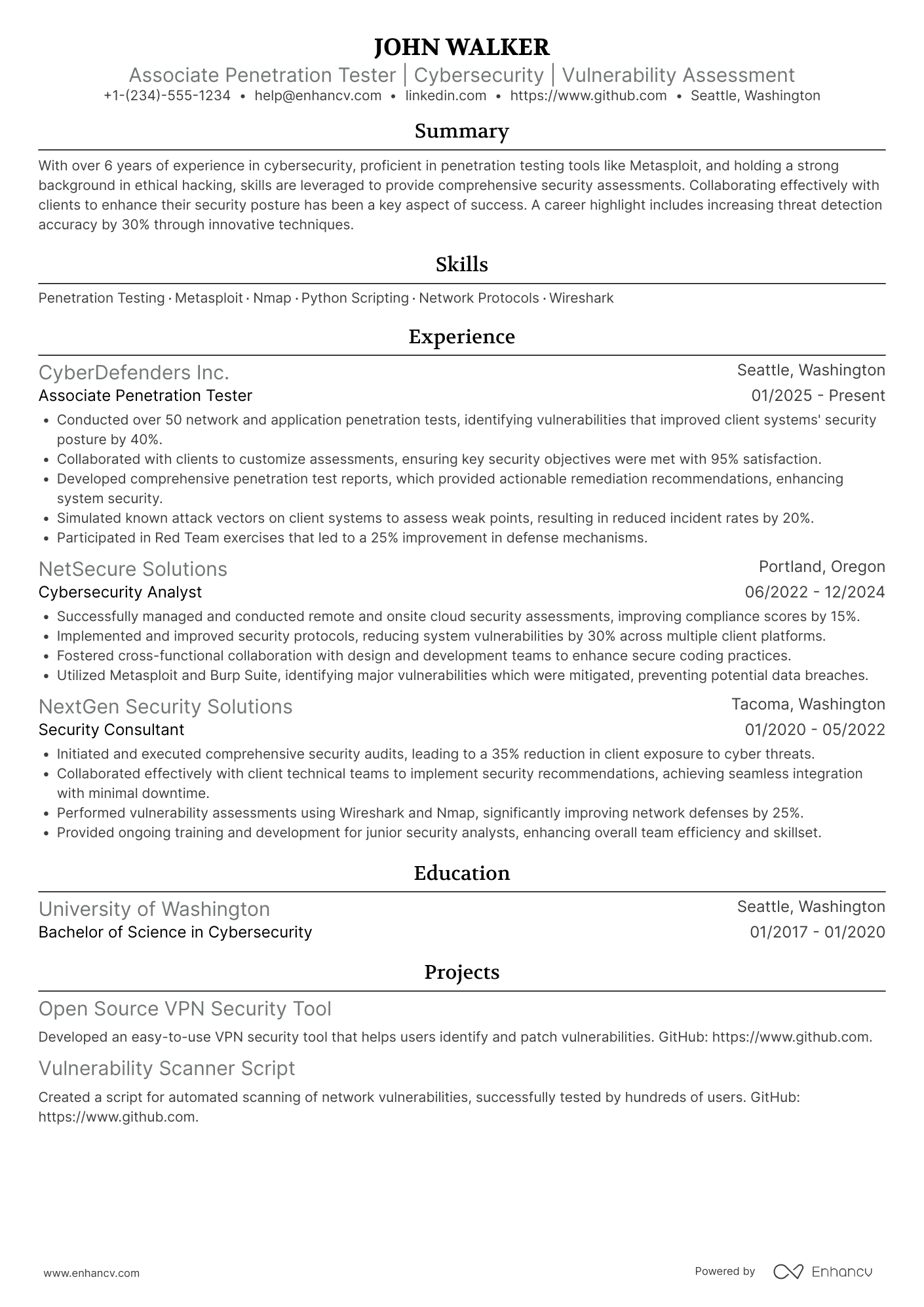 Associate Penetration Tester Resume Example