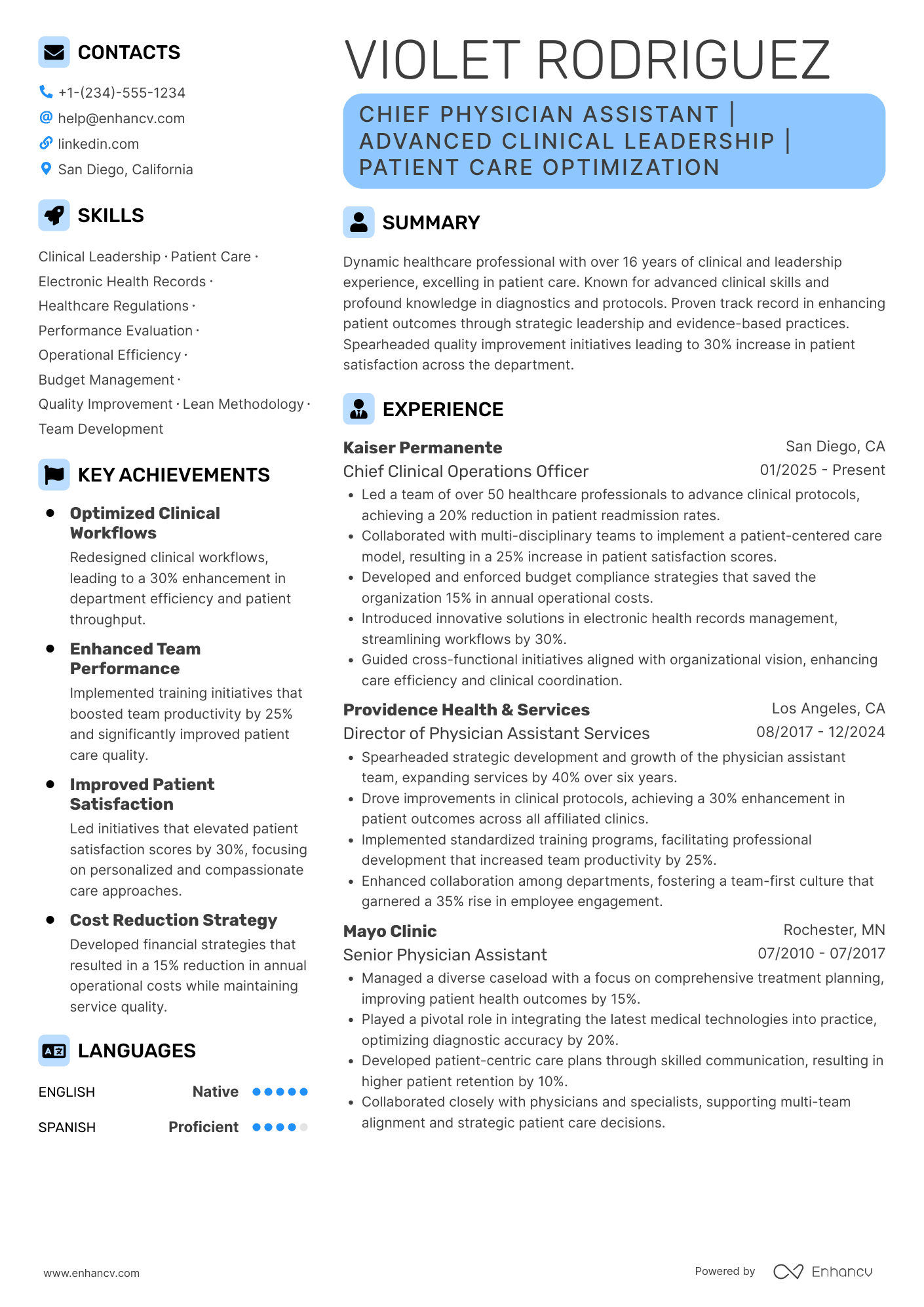 Chief Physician Assistant Resume Example