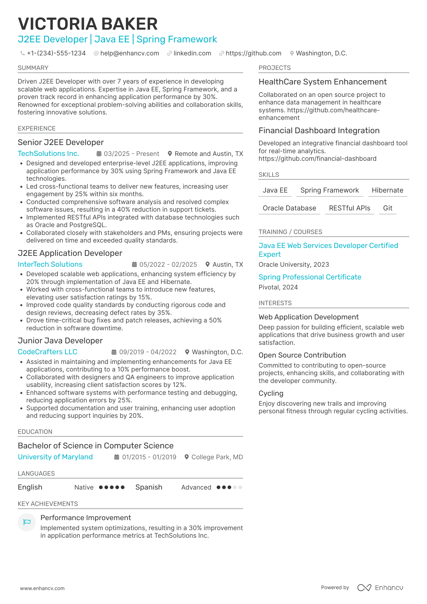 J2EE Developer Resume Example