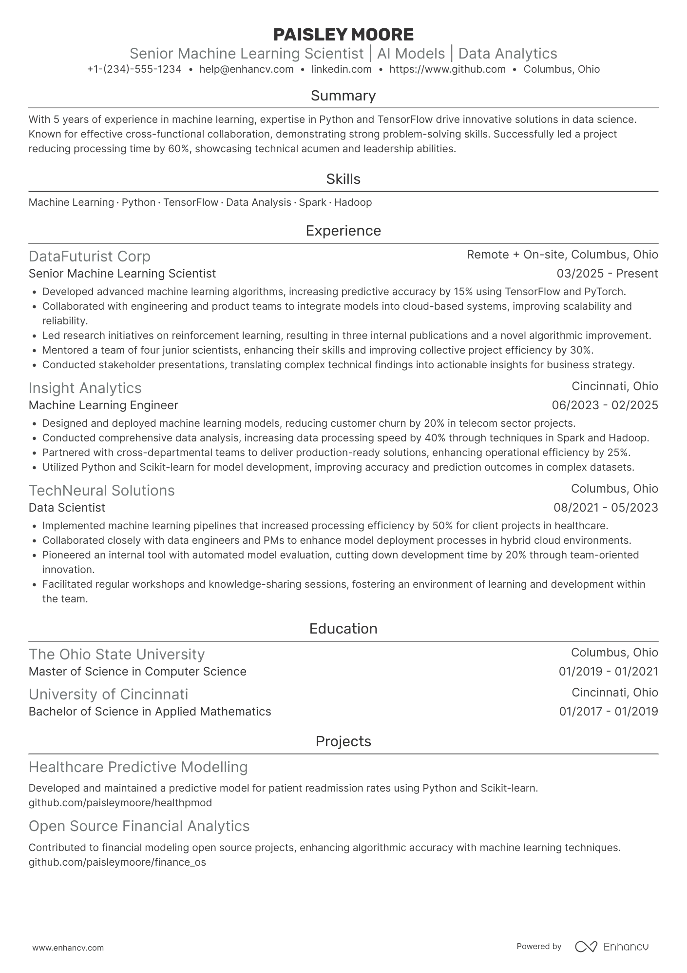 Senior Machine Learning Scientist Resume Example