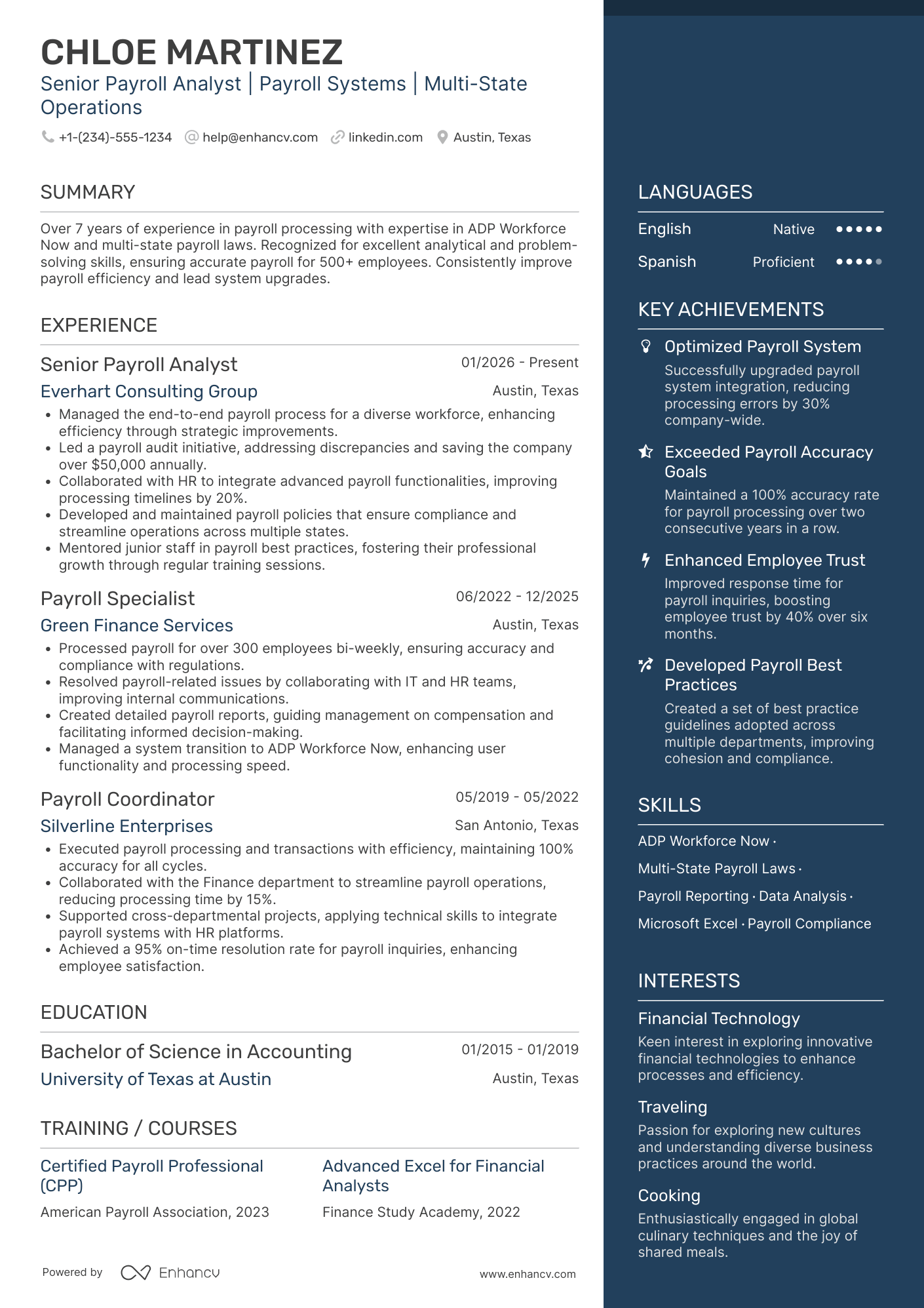 Senior Payroll Analyst Resume Example
