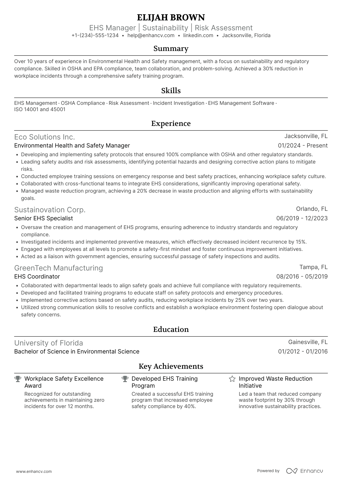 Environmental Health and Safety Manager Resume Example