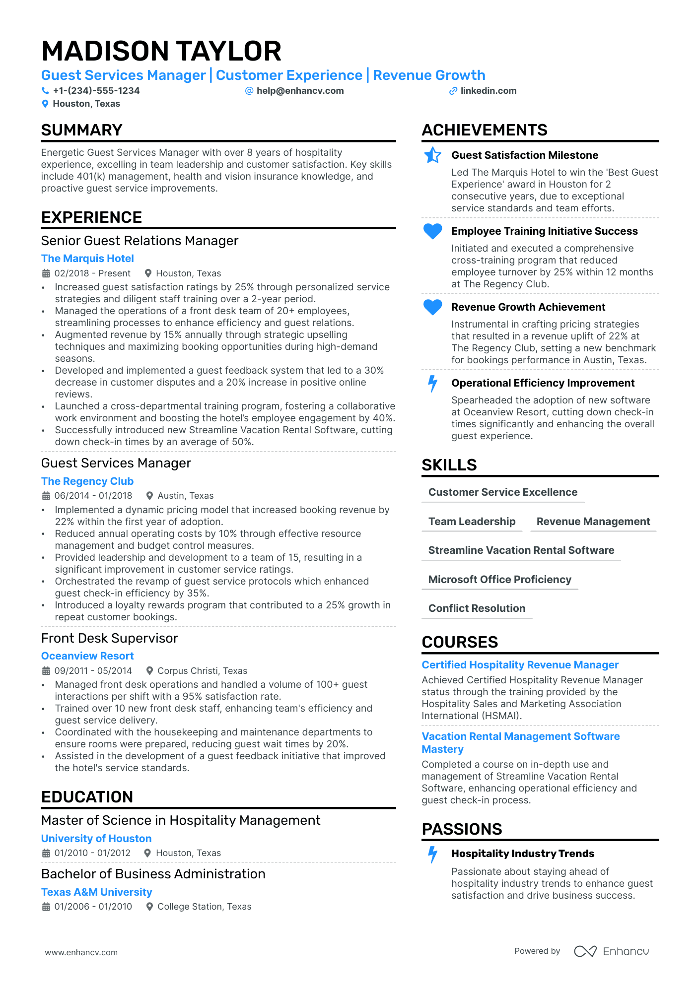 Guest Services Manager Resume Example