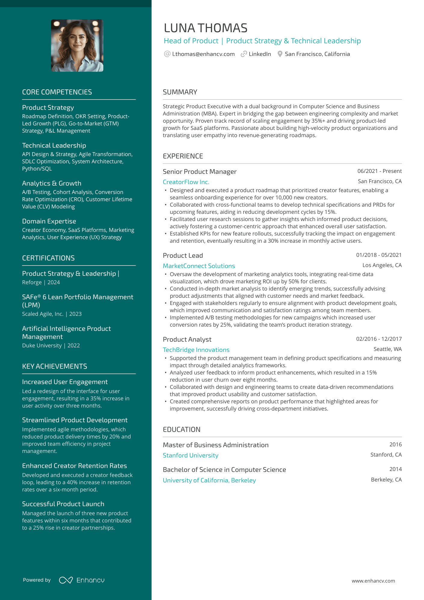 Head of Product Resume Example