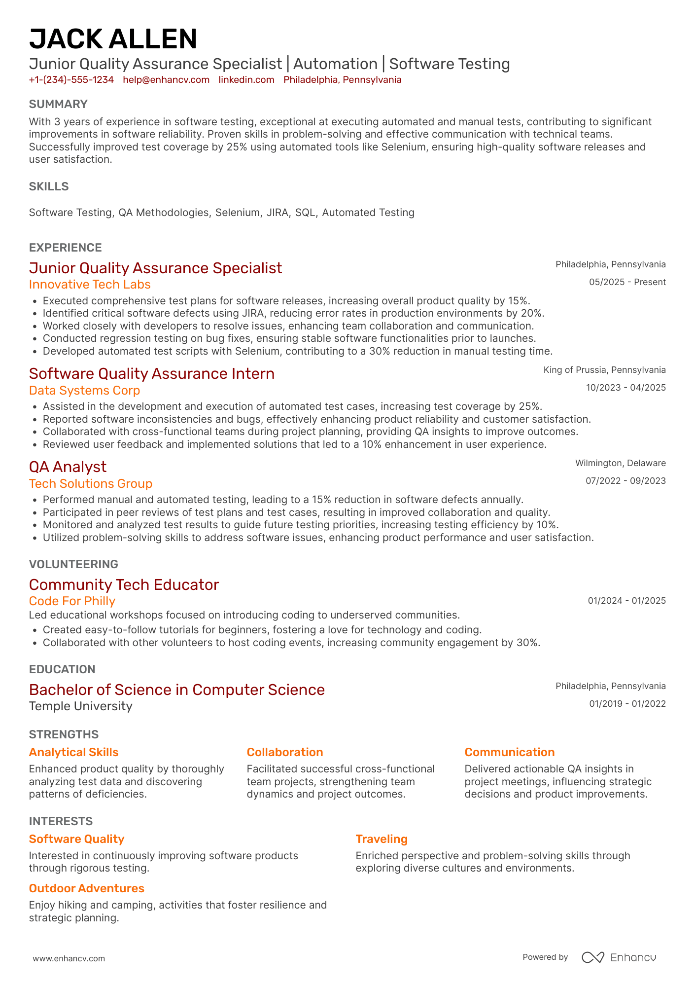 Junior Quality Assurance Specialist Resume Example